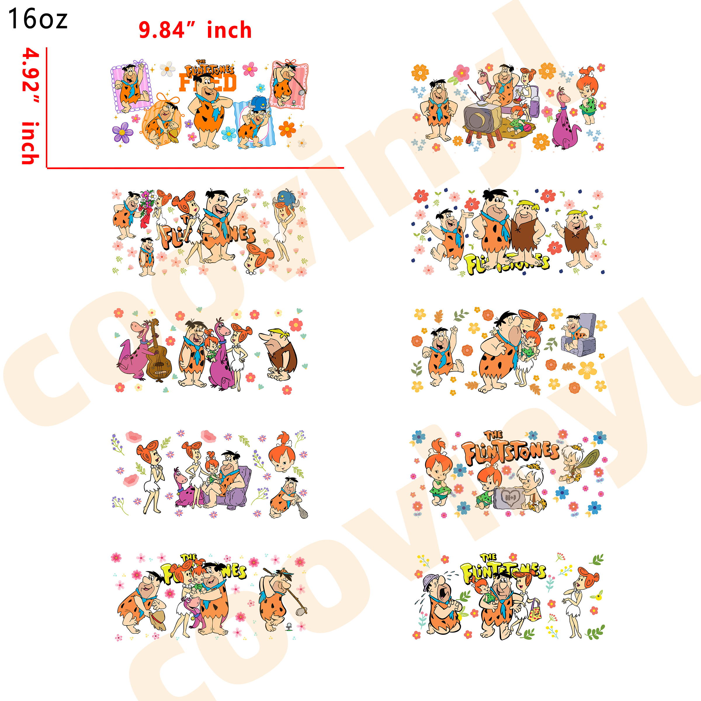 (L36) 10pcs flinstones 16OZ Tumbler Cup Wraps, Waterproof Fade-Resistant Decal Stickers, Vivid HD Print with Strong Adhesion, Customizable Transfers for Glass Cups, Mugs & Smooth Surfaces, DIY Art Craft Supplies