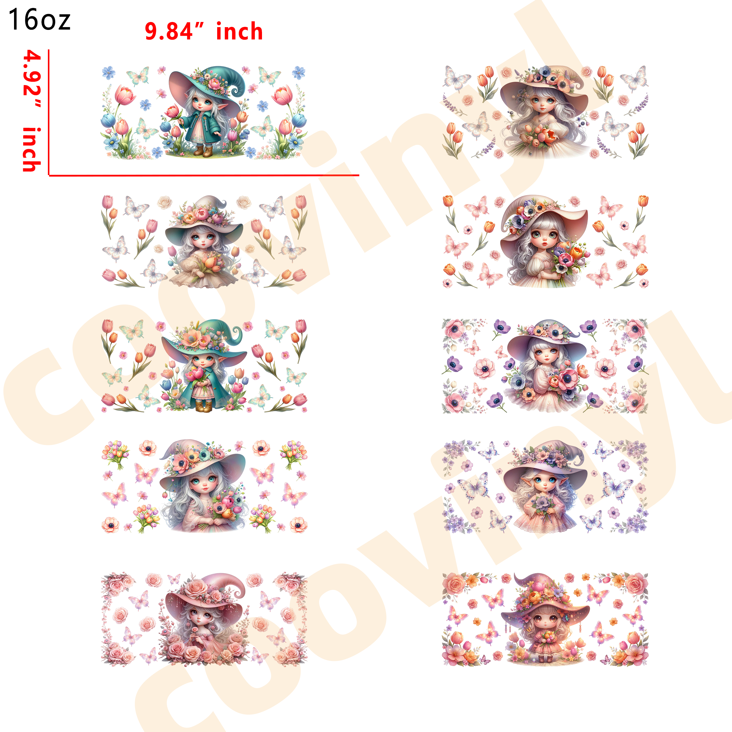 (M21) 10pcs flower witch 16OZ Tumbler Cup Wraps, Waterproof Fade-Resistant Decal Stickers, Vivid HD Print with Strong Adhesion, Customizable Transfers for Glass Cups, Mugs & Smooth Surfaces, DIY Art Craft Supplies