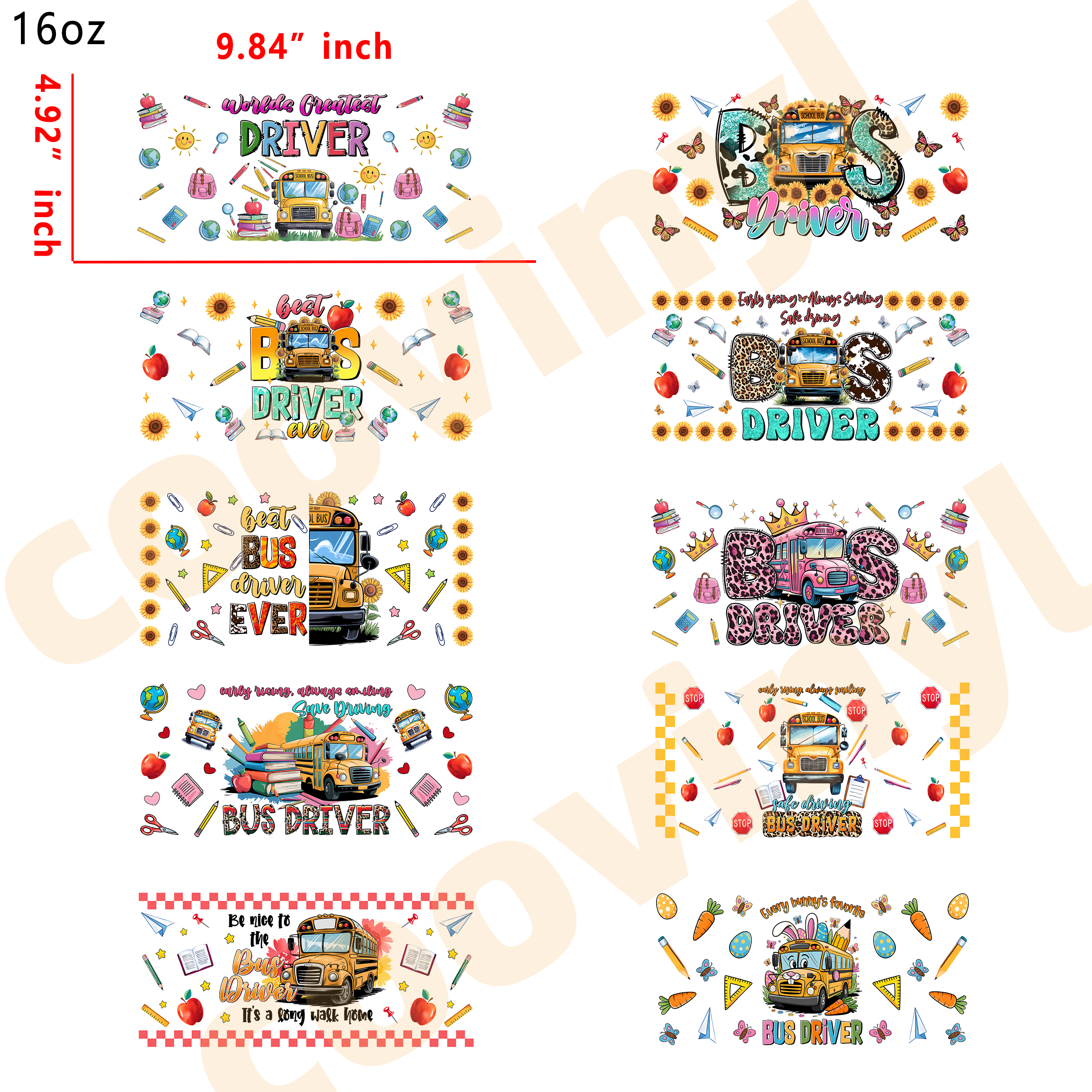 (M36) 10pcs bus driver 16OZ Tumbler Cup Wraps, Waterproof Fade-Resistant Decal Stickers, Vivid HD Print with Strong Adhesion, Customizable Transfers for Glass Cups, Mugs & Smooth Surfaces, DIY Art Craft Supplies