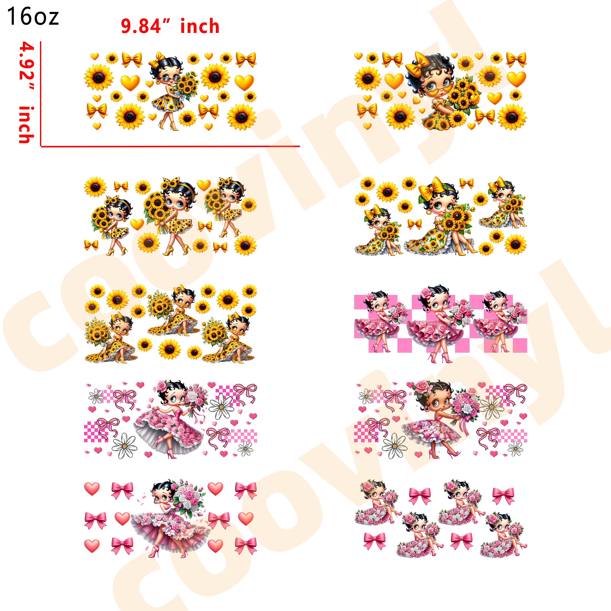 (M4) 10pcs Bouquet betty 16OZ Tumbler Cup Wraps, Waterproof Fade-Resistant Decal Stickers, Vivid HD Print with Strong Adhesion, Customizable Transfers for Glass Cups, Mugs & Smooth Surfaces, DIY Art Craft Supplies
