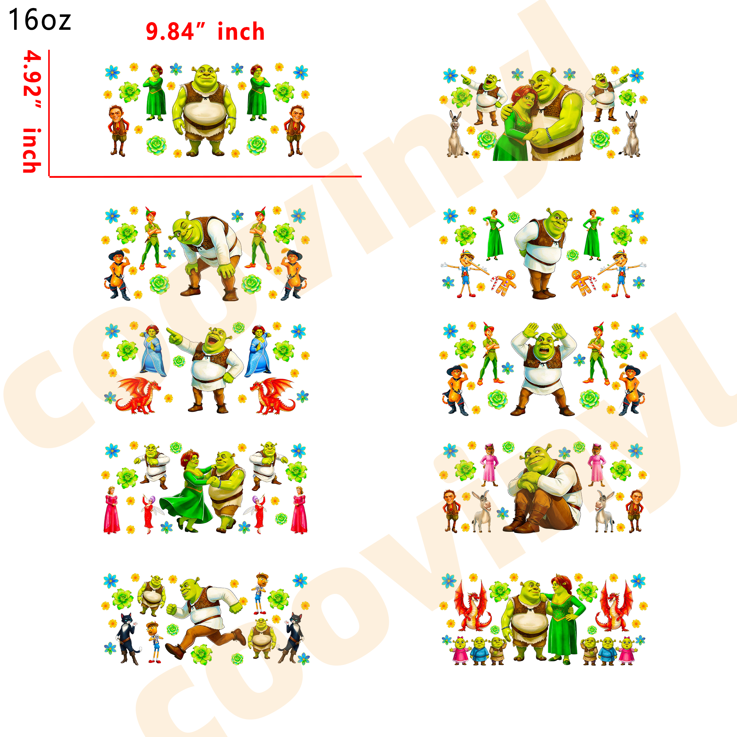 (M95) 10pcs Shrek 16OZ Tumbler Cup Wraps, Waterproof Fade-Resistant Decal Stickers, Vivid HD Print with Strong Adhesion, Customizable Transfers for Glass Cups, Mugs & Smooth Surfaces, DIY Art Craft Supplies