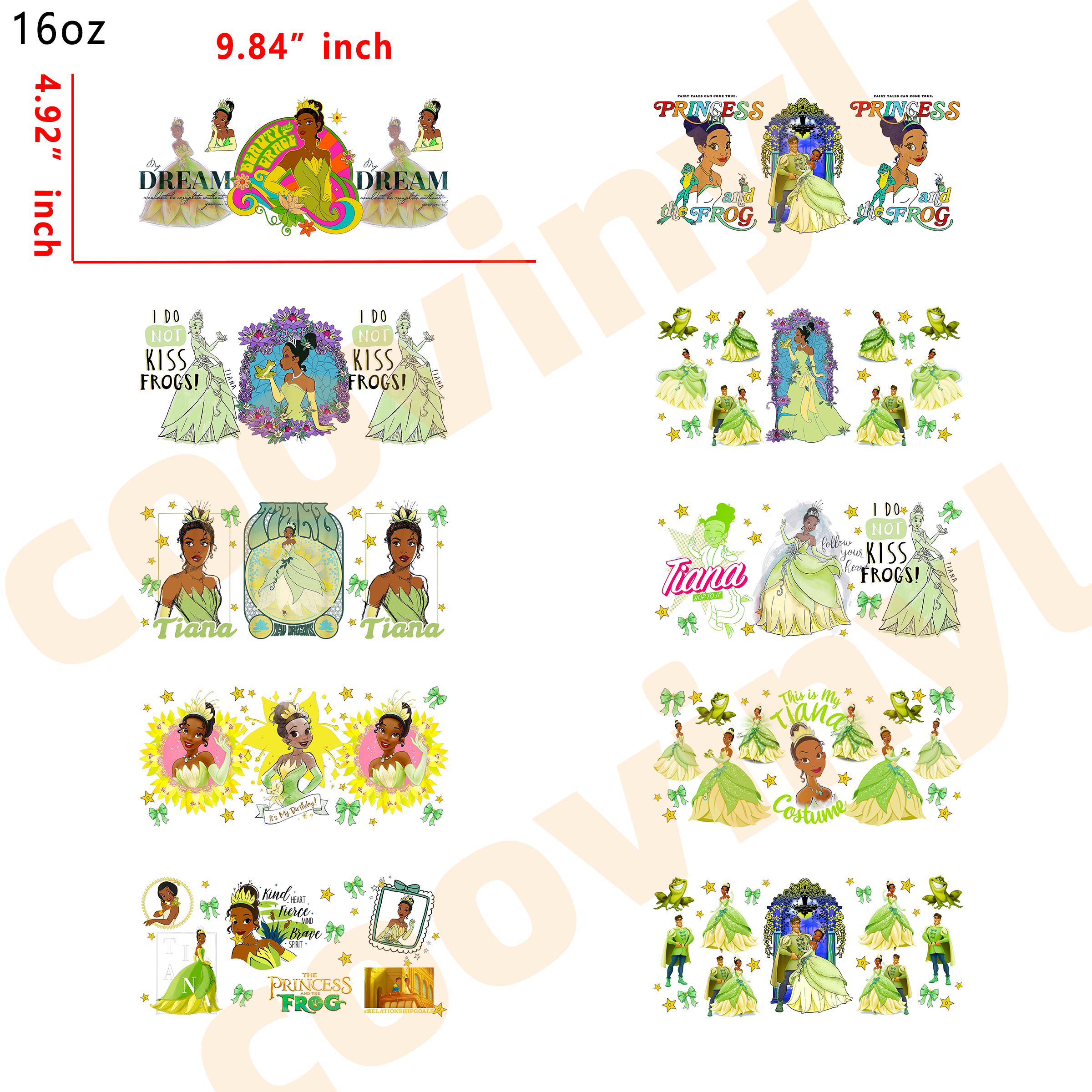 (R17) 10pcs Tiana Princess  16OZ Tumbler Cup Wraps, Waterproof Fade-Resistant Decal Stickers, Vivid HD Print with Strong Adhesion, Customizable Transfers for Glass Cups, Mugs & Smooth Surfaces, DIY Art Craft Supplies