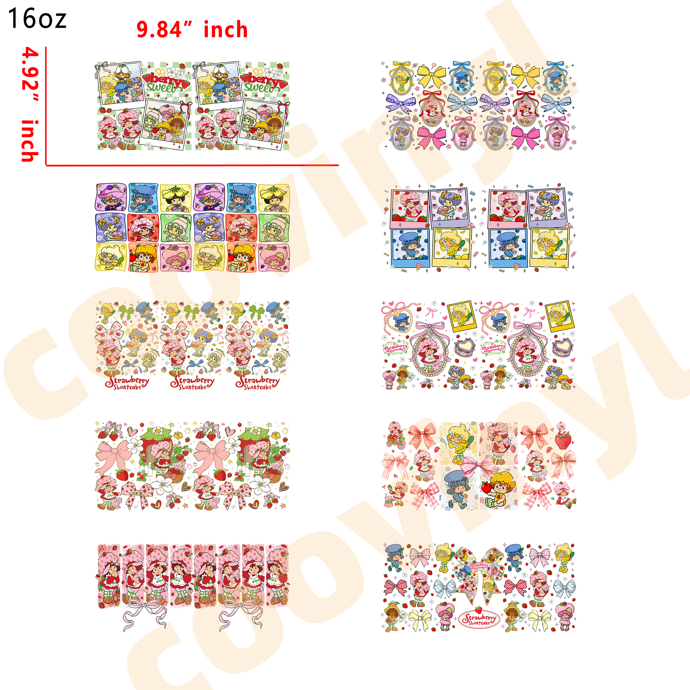 (T26) 20pcs strawberry shortcake  16OZ Tumbler Cup Wraps, Waterproof Fade-Resistant Decal Stickers, Vivid HD Print with Strong Adhesion, Customizable Transfers for Glass Cups, Mugs & Smooth Surfaces, DIY Art Craft Supplies