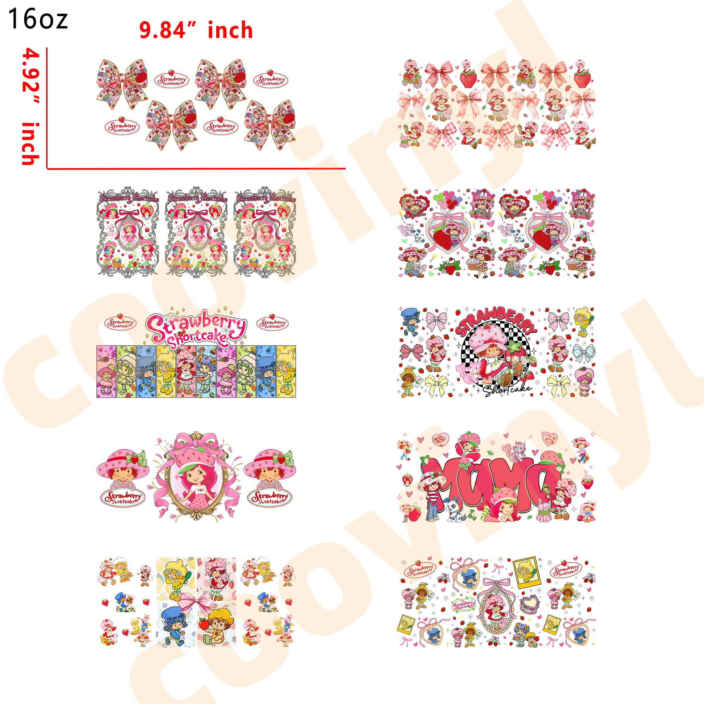 (T26) 20pcs strawberry shortcake  16OZ Tumbler Cup Wraps, Waterproof Fade-Resistant Decal Stickers, Vivid HD Print with Strong Adhesion, Customizable Transfers for Glass Cups, Mugs & Smooth Surfaces, DIY Art Craft Supplies