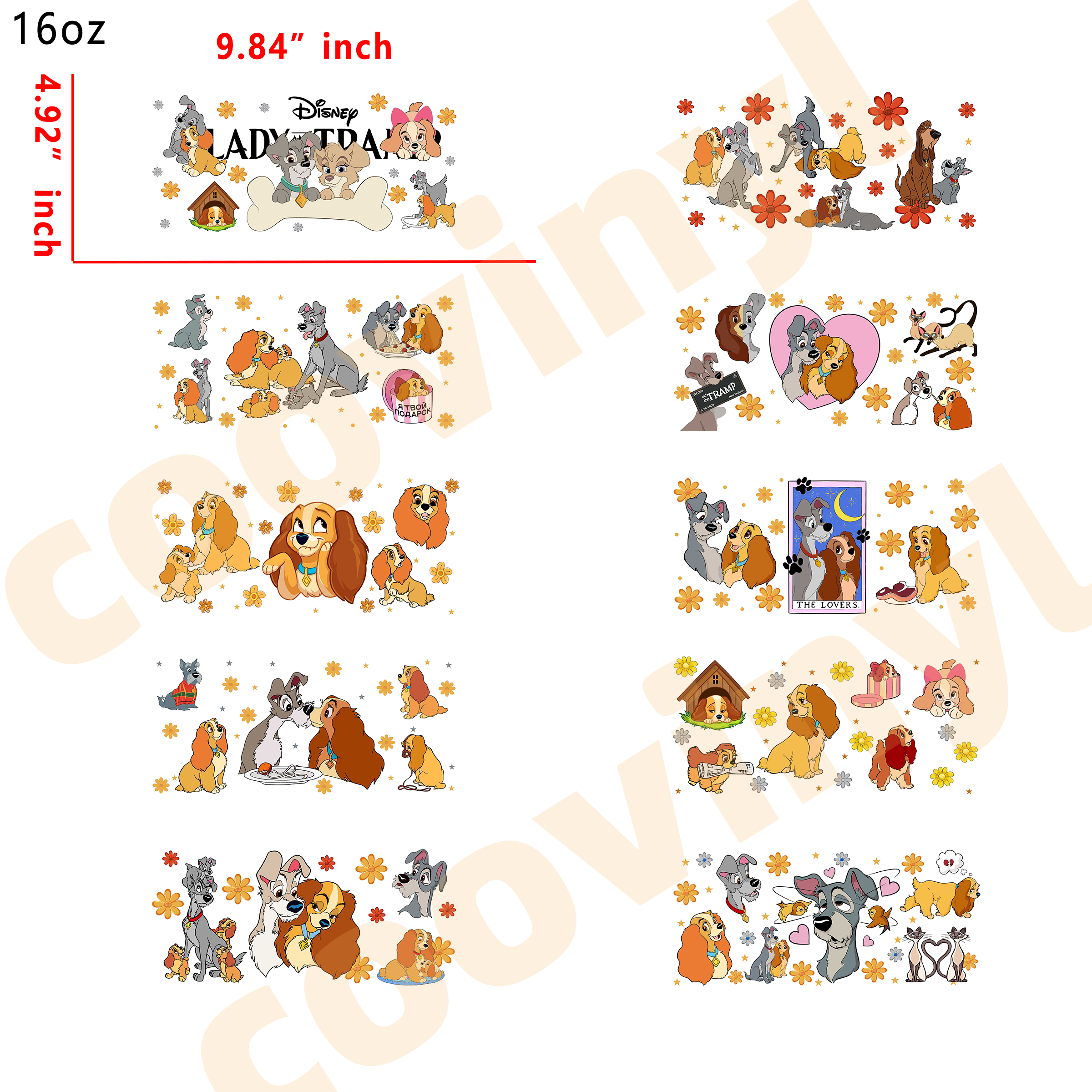 (T50) 10pcs lady tramp 16OZ Tumbler Cup Wraps, Waterproof Fade-Resistant Decal Stickers, Vivid HD Print with Strong Adhesion, Customizable Transfers for Glass Cups, Mugs & Smooth Surfaces, DIY Art Craft Supplies