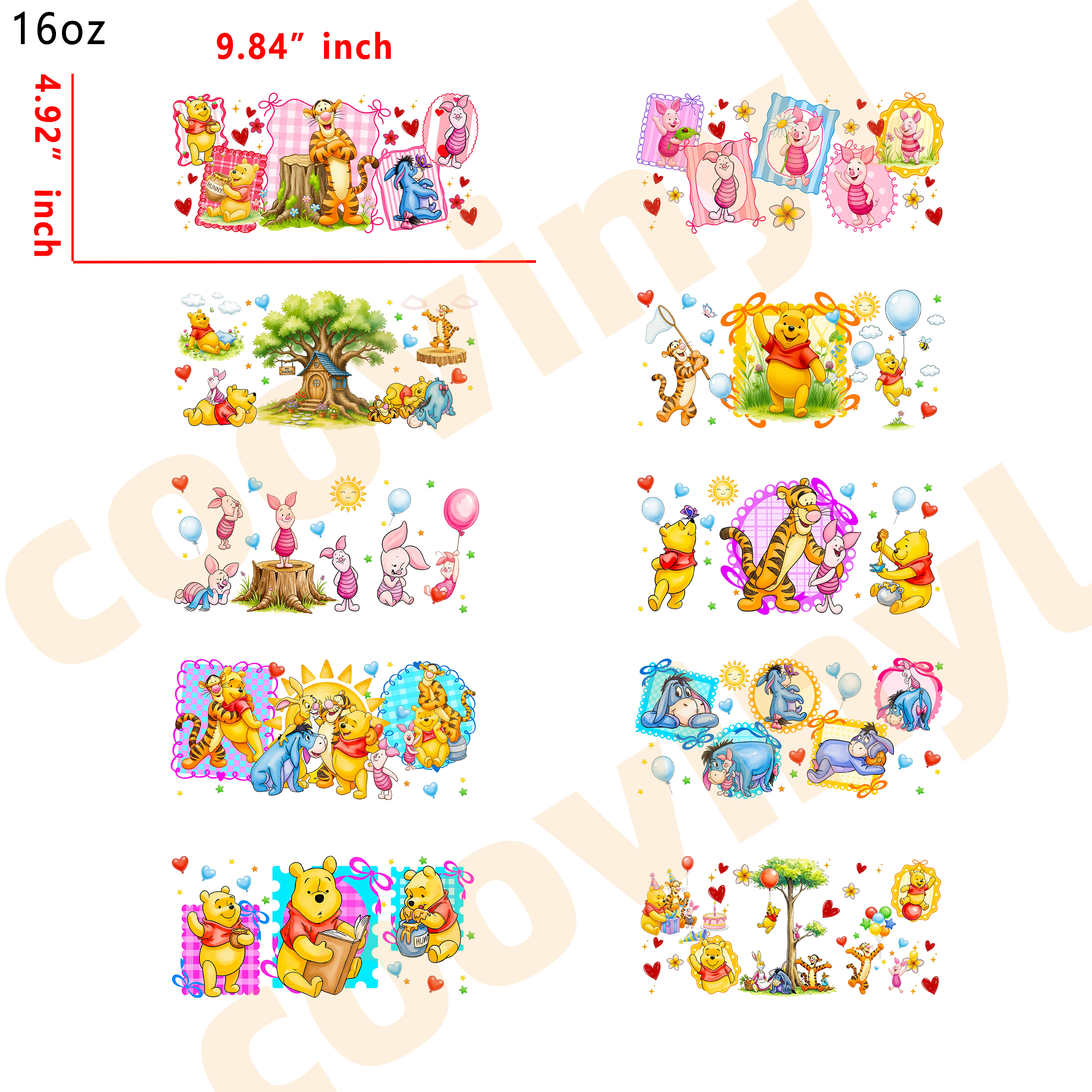 (U85) 20pcs winnie the pooh 16OZ Tumbler Cup Wraps, Waterproof Fade-Resistant Decal Stickers, Vivid HD Print with Strong Adhesion, Customizable Transfers for Glass Cups, Mugs & Smooth Surfaces, DIY Art Craft Supplies