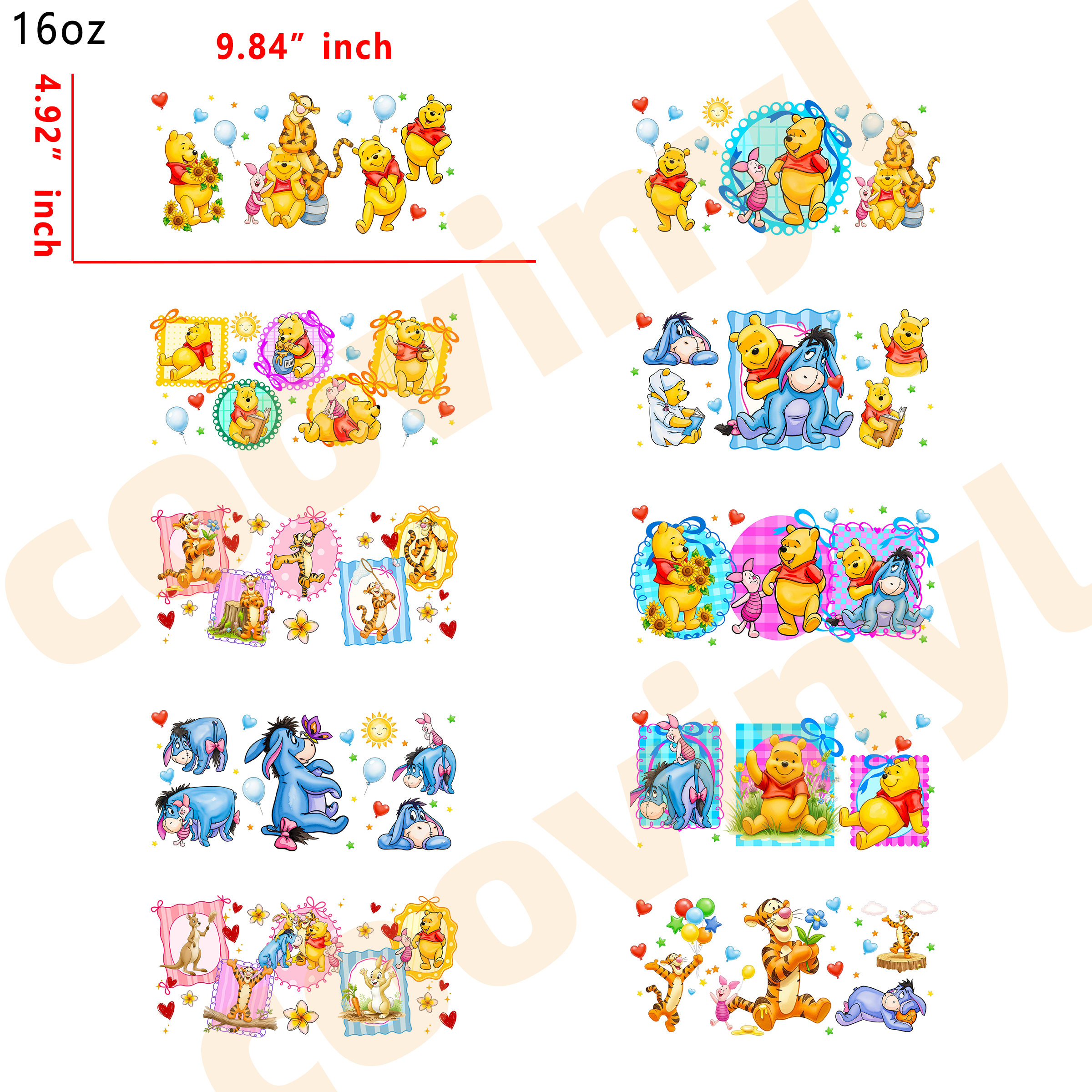 (U85) 20pcs winnie the pooh 16OZ Tumbler Cup Wraps, Waterproof Fade-Resistant Decal Stickers, Vivid HD Print with Strong Adhesion, Customizable Transfers for Glass Cups, Mugs & Smooth Surfaces, DIY Art Craft Supplies