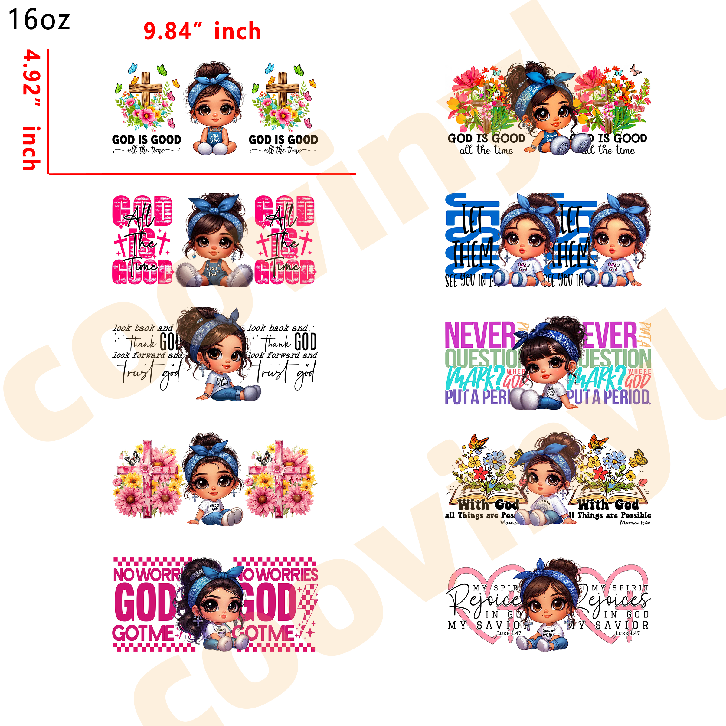 (X63) 20pcs Christian girl 16OZ Tumbler Cup Wraps, Waterproof Fade-Resistant Decal Stickers, Vivid HD Print with Strong Adhesion, Customizable Transfers for Glass Cups, Mugs & Smooth Surfaces, DIY Art Craft Supplies