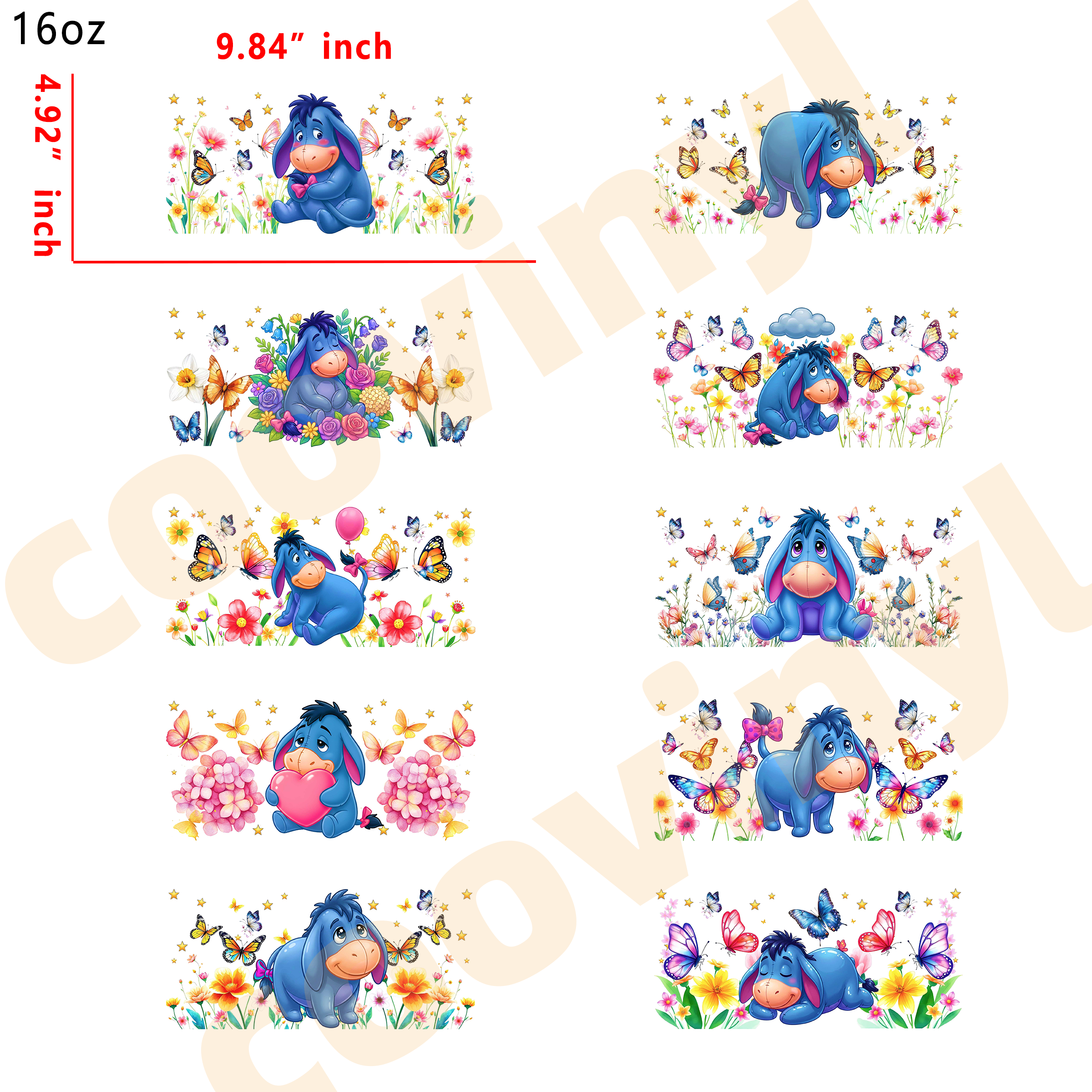 (K76) 10pcs Pooh Eeyore 16OZ Tumbler Cup Wraps, Waterproof Fade-Resistant Decal Stickers, Vivid HD Print with Strong Adhesion, Customizable Transfers for Glass Cups, Mugs & Smooth Surfaces, DIY Art Craft Supplies