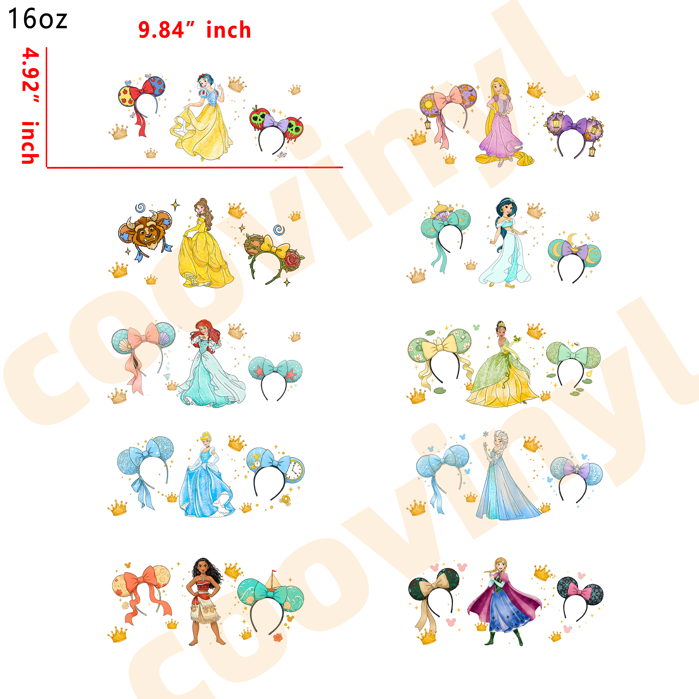 (L35) 10pcs Disney Princess 16OZ Tumbler Cup Wraps, Waterproof Fade-Resistant Decal Stickers, Vivid HD Print with Strong Adhesion, Customizable Transfers for Glass Cups, Mugs & Smooth Surfaces, DIY Art Craft Supplies