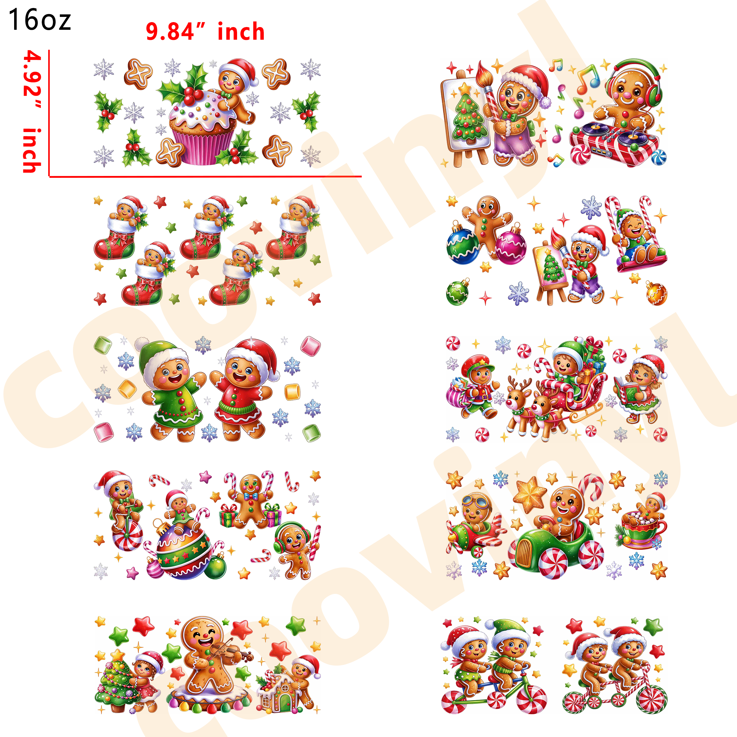 (L41) 10pcs gingerbread man 16OZ Tumbler Cup Wraps, Waterproof Fade-Resistant Decal Stickers, Vivid HD Print with Strong Adhesion, Customizable Transfers for Glass Cups, Mugs & Smooth Surfaces, DIY Art Craft Supplies