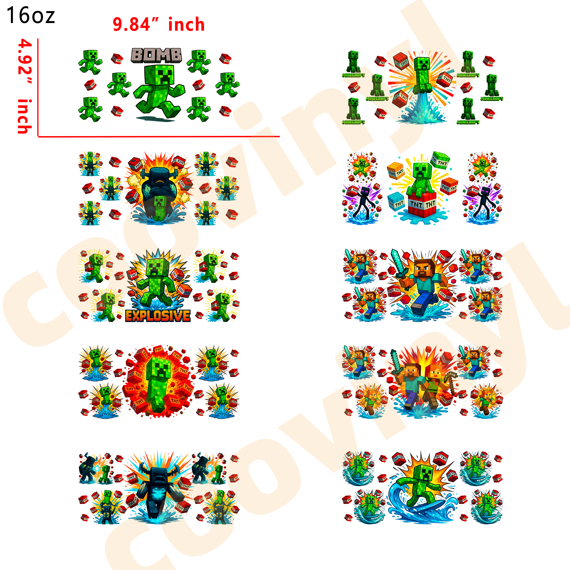 (L5) 10pcs minecraft 16OZ Tumbler Cup Wraps, Waterproof Fade-Resistant Decal Stickers, Vivid HD Print with Strong Adhesion, Customizable Transfers for Glass Cups, Mugs & Smooth Surfaces, DIY Art Craft Supplies