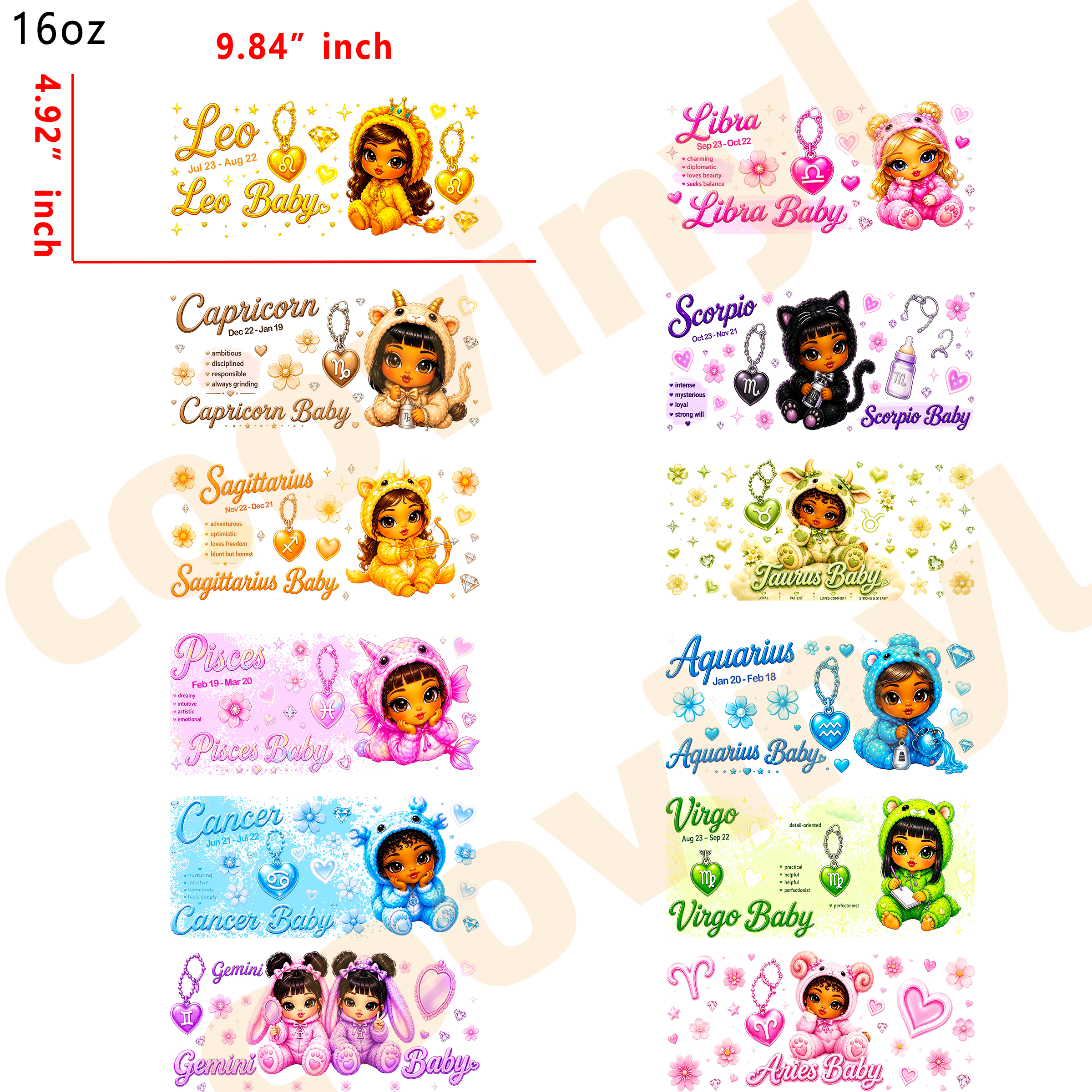 (L7) 12pcs baby zodiac 16OZ Tumbler Cup Wraps, Waterproof Fade-Resistant Decal Stickers, Vivid HD Print with Strong Adhesion, Customizable Transfers for Glass Cups, Mugs & Smooth Surfaces, DIY Art Craft Supplies