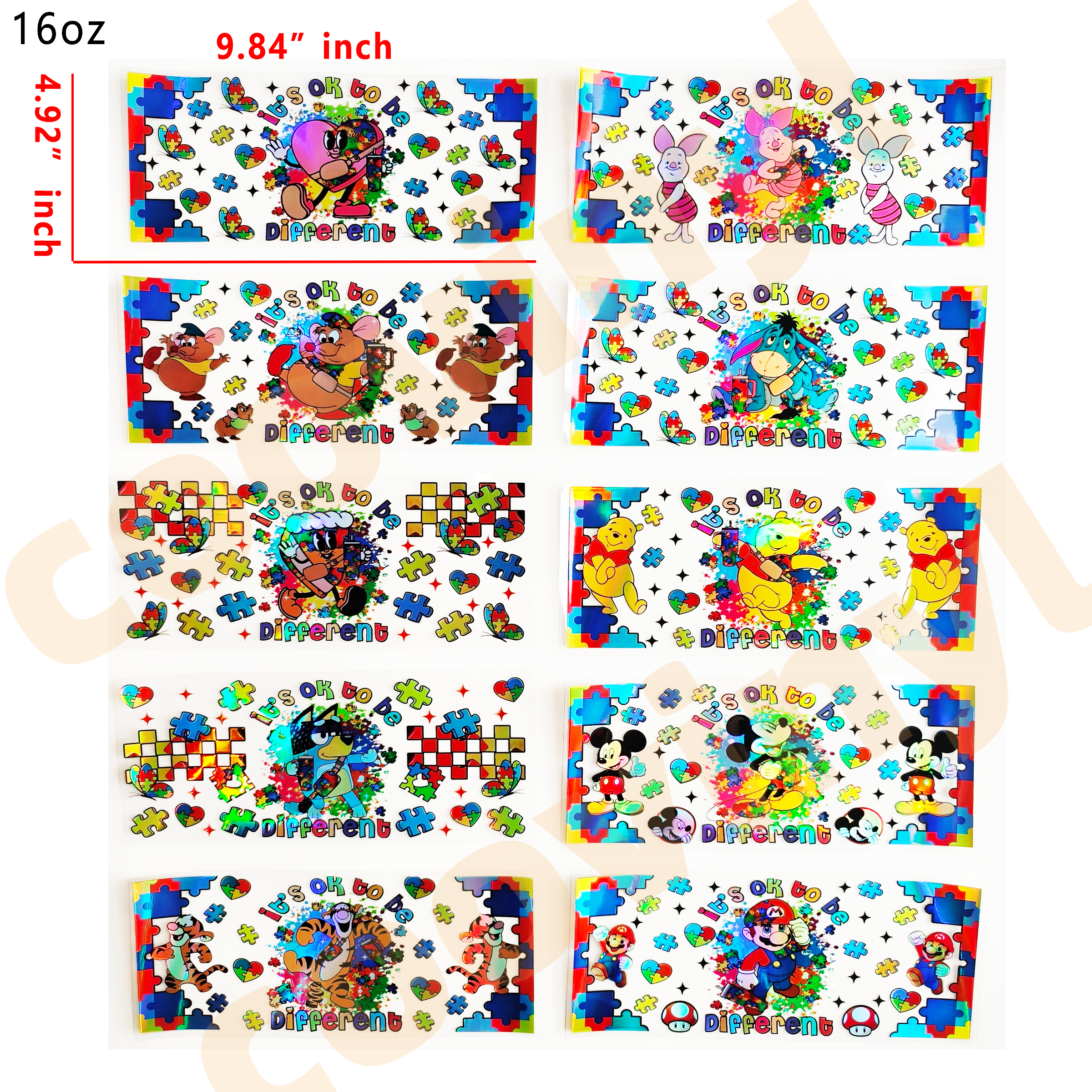 (F2) Holographic 10pcs Autism mixed UV DTF Cup Wraps for 16OZ tumblers Waterproof Acrylic Wraps for Cups Glasses &Smooth Objects Vivid Colors Strong Adhesion CustomizableStickers Decal Sticker Art Crafts Kit