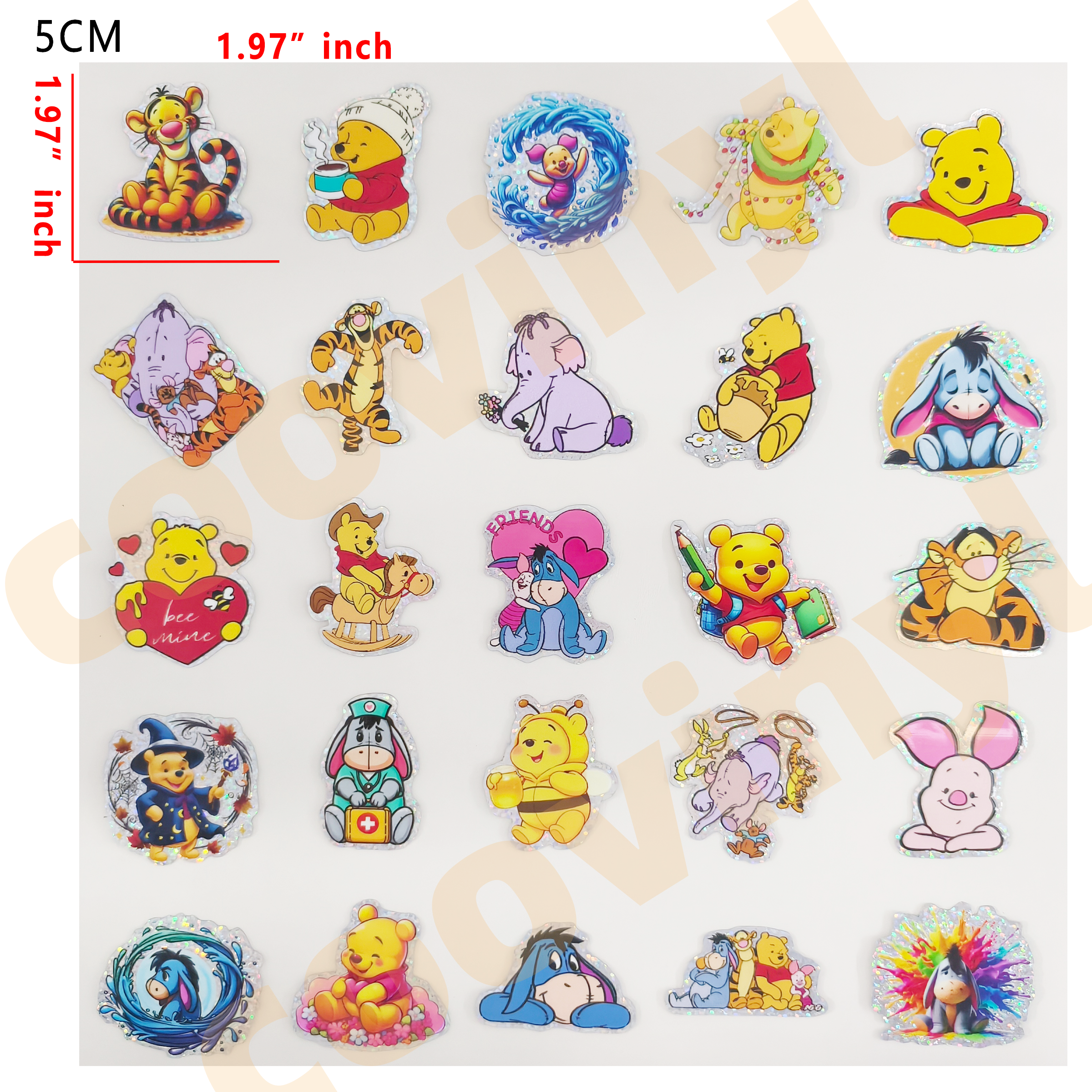 (F46) Holographic 25pcs 5CM winnie the pooh UV DTF Cup Wraps for 16OZ tumblers Waterproof Acrylic Wraps for Cups Glasses &Smooth Objects Vivid Colors Strong Adhesion CustomizableStickers Decal Sticker Art Crafts Kit