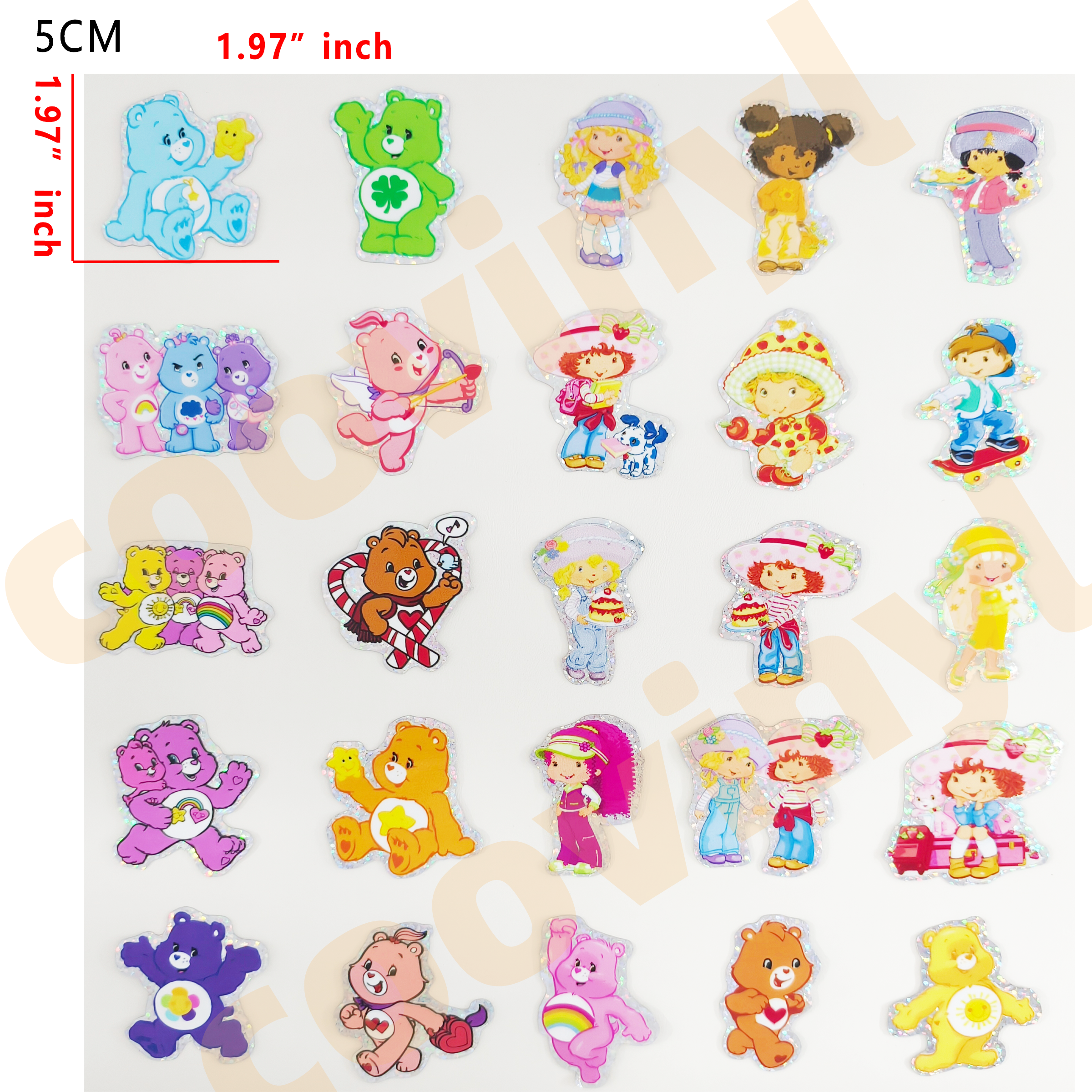 (F47) Holographic 25pcs 5CM strawberry shortcake and care bear UV DTF Cup Wraps for 16OZ tumblers Waterproof Acrylic Wraps for Cups Glasses &Smooth Objects Vivid Colors Strong Adhesion CustomizableStickers Decal Sticker Art Crafts Kit