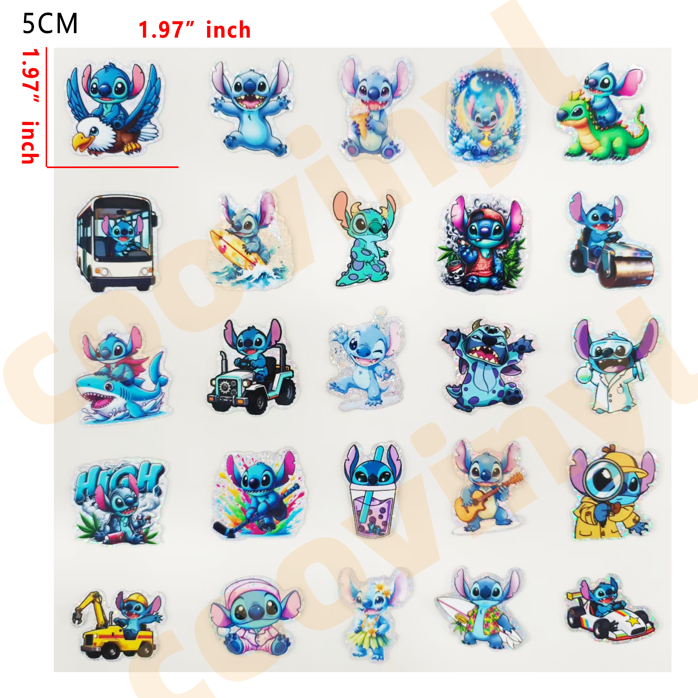 (F48) Holographic 25pcs 5CM stitch UV DTF Cup Wraps for 16OZ tumblers Waterproof Acrylic Wraps for Cups Glasses &Smooth Objects Vivid Colors Strong Adhesion CustomizableStickers Decal Sticker Art Crafts Kit