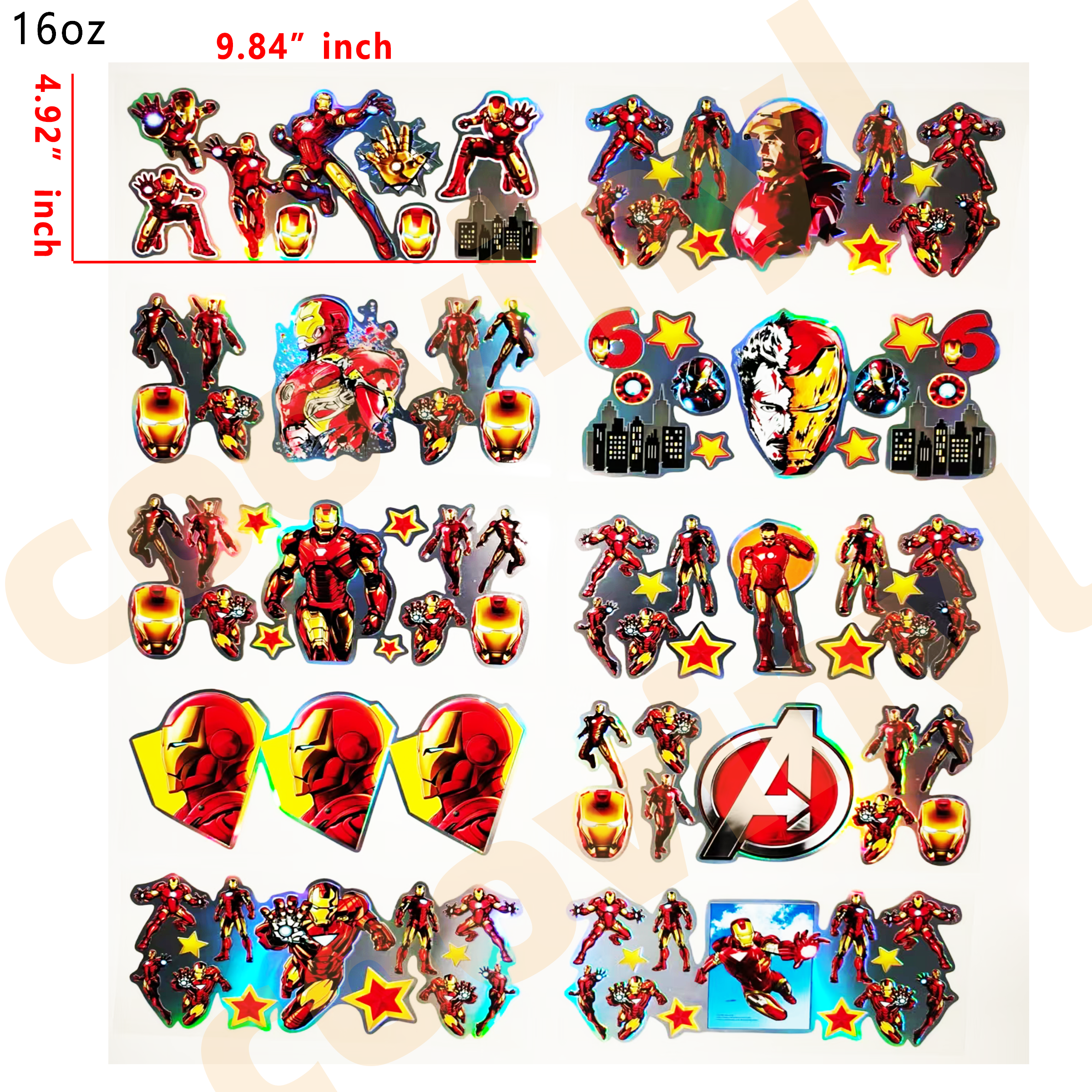 (F49) Holographic 10pcs Iron Man UV DTF Cup Wraps for 16OZ tumblers Waterproof Acrylic Wraps for Cups Glasses &Smooth Objects Vivid Colors Strong Adhesion CustomizableStickers Decal Sticker Art Crafts Kit