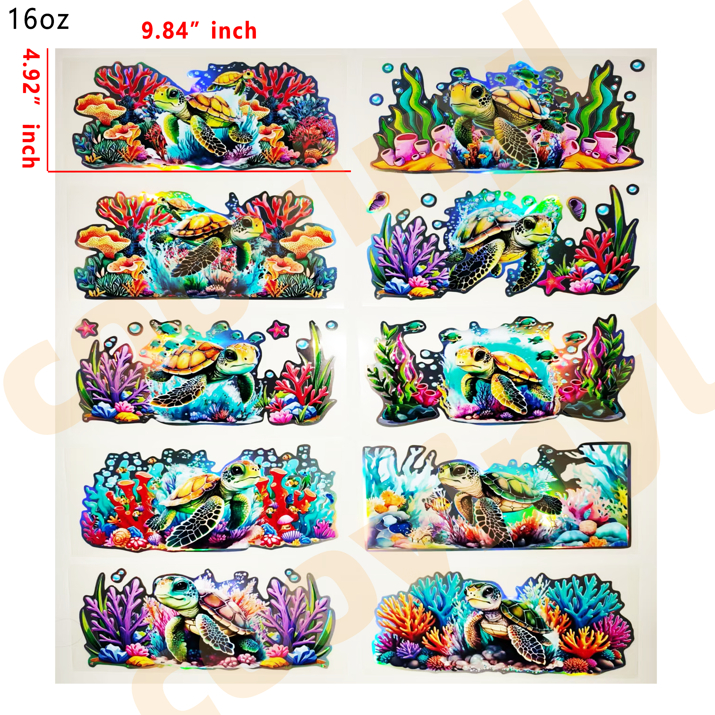 (F50) Holographic 10pcs sea turtle UV DTF Cup Wraps for 16OZ tumblers Waterproof Acrylic Wraps for Cups Glasses &Smooth Objects Vivid Colors Strong Adhesion CustomizableStickers Decal Sticker Art Crafts Kit