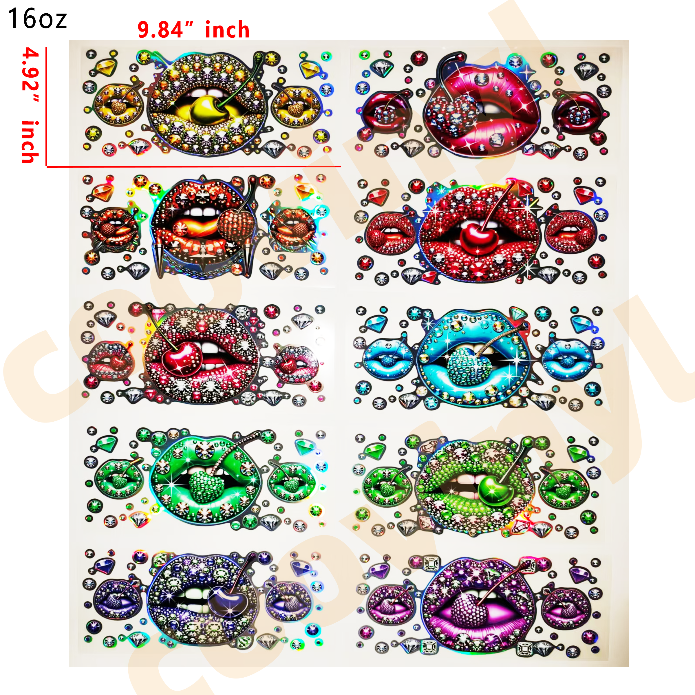 (F51) Holographic 10pcs lip UV DTF Cup Wraps for 16OZ tumblers Waterproof Acrylic Wraps for Cups Glasses &Smooth Objects Vivid Colors Strong Adhesion CustomizableStickers Decal Sticker Art Crafts Kit