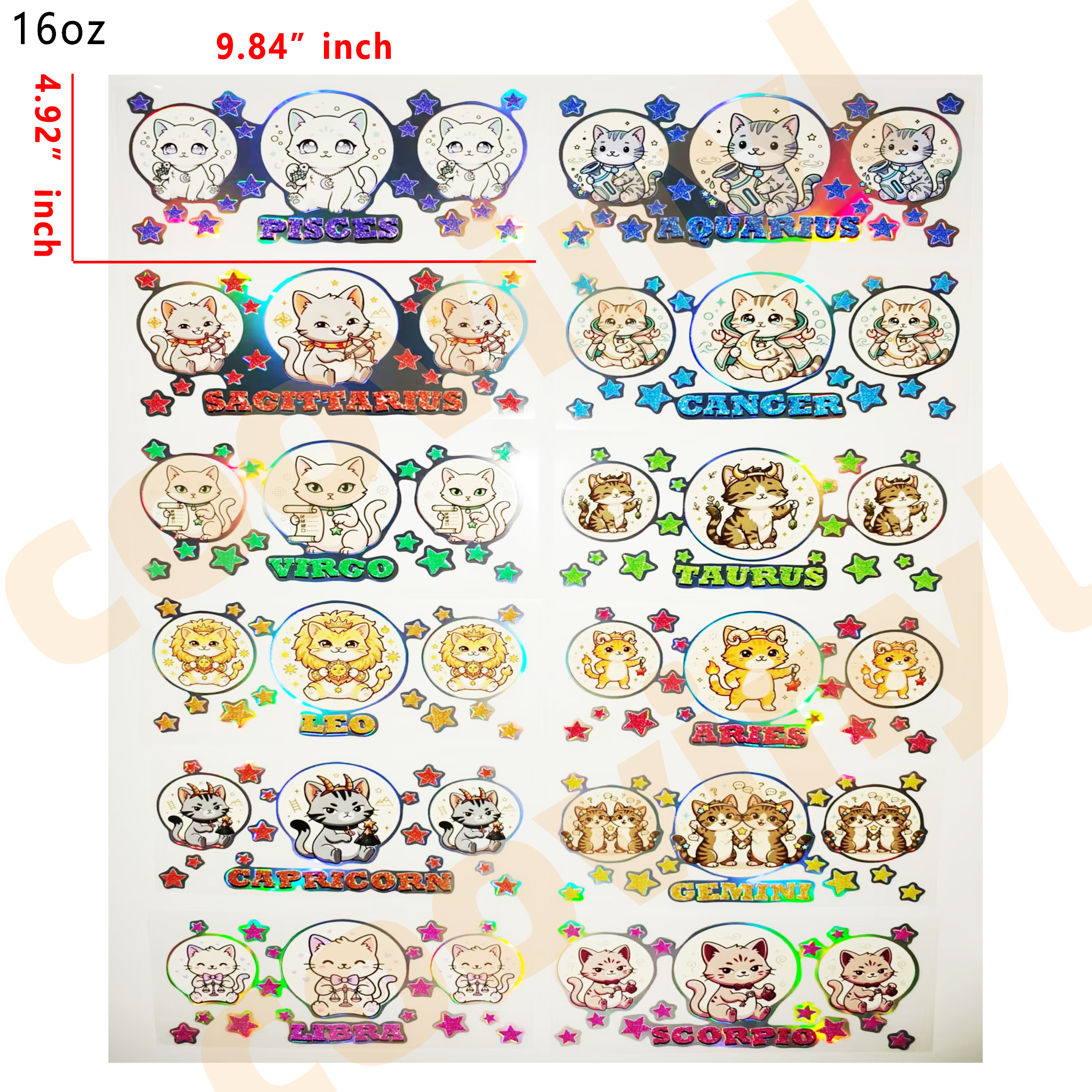 (F52) Holographic 10pcs cat zodiac UV DTF Cup Wraps for 16OZ tumblers Waterproof Acrylic Wraps for Cups Glasses &Smooth Objects Vivid Colors Strong Adhesion CustomizableStickers Decal Sticker Art Crafts Kit