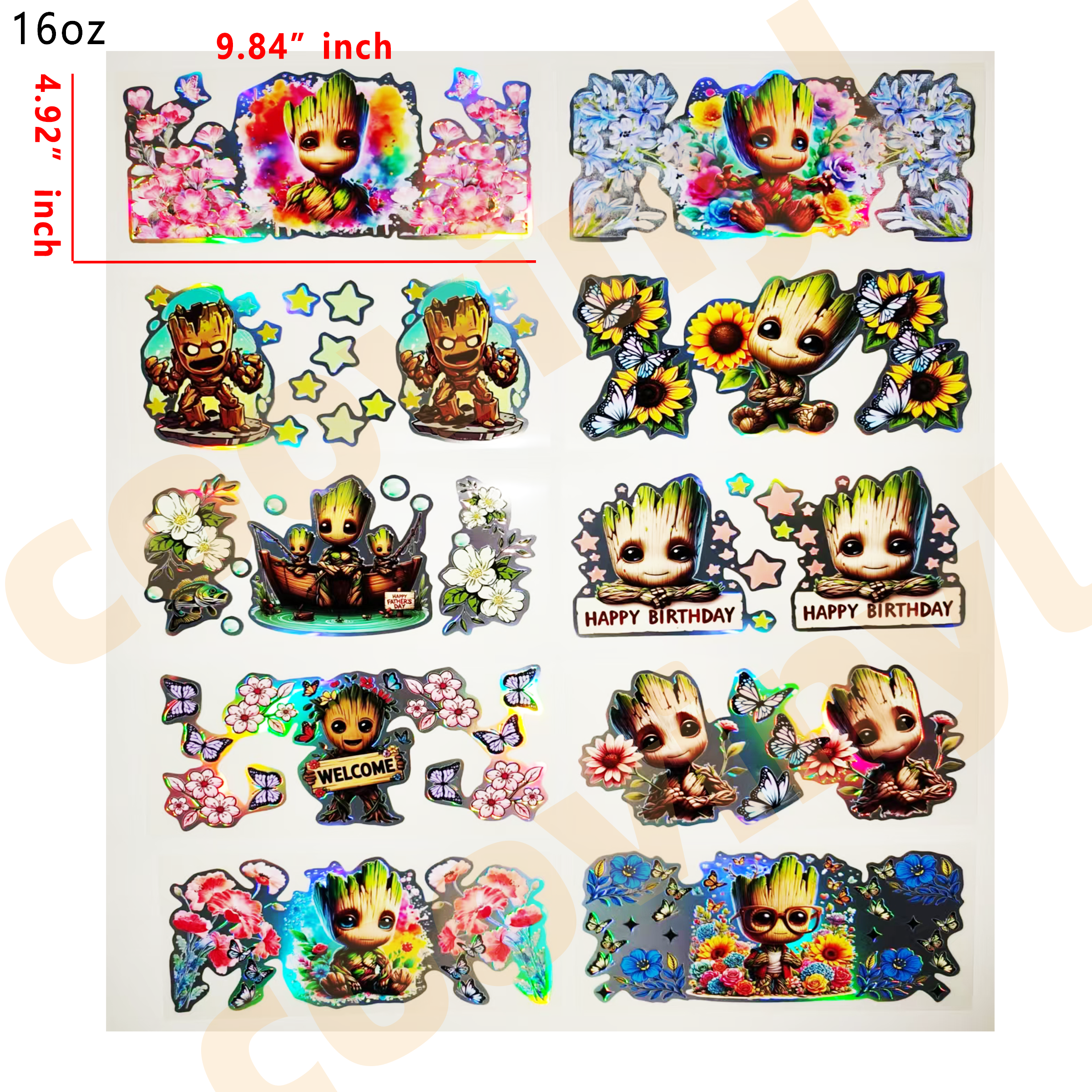 (F53) Holographic 10pcs Groot UV DTF Cup Wraps for 16OZ tumblers Waterproof Acrylic Wraps for Cups Glasses &Smooth Objects Vivid Colors Strong Adhesion CustomizableStickers Decal Sticker Art Crafts Kit