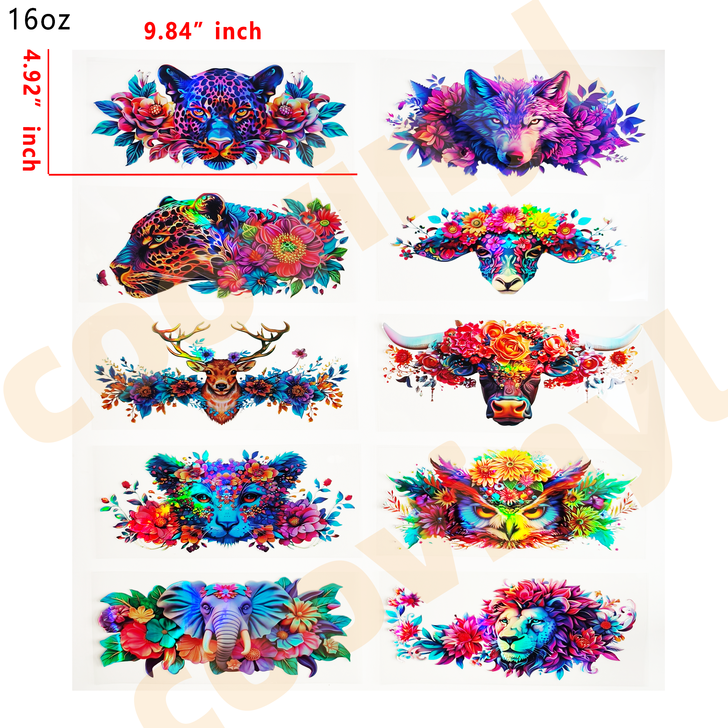 (J63) Holographic 10pcs animal UV DTF Cup Wraps for 16OZ tumblers Waterproof Acrylic Wraps for Cups Glasses &Smooth Objects Vivid Colors Strong Adhesion CustomizableStickers Decal Sticker Art Crafts Kit