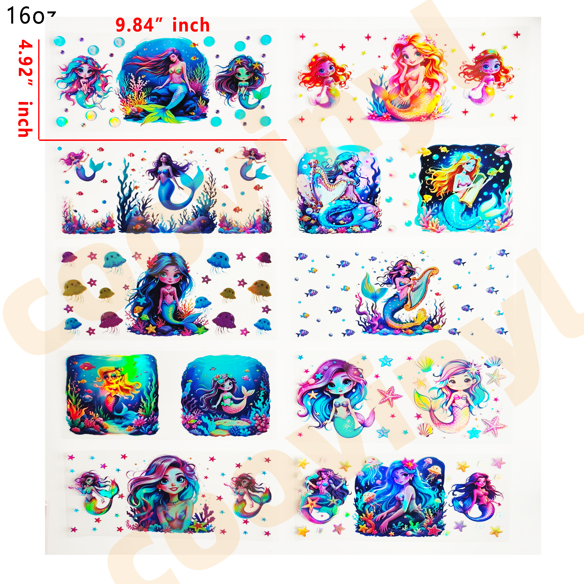 (J67) Holographic 10pcs  The Mermaid UV DTF Cup Wraps for 16OZ tumblers Waterproof Acrylic Wraps for Cups Glasses &Smooth Objects Vivid Colors Strong Adhesion CustomizableStickers Decal Sticker Art Crafts Kit