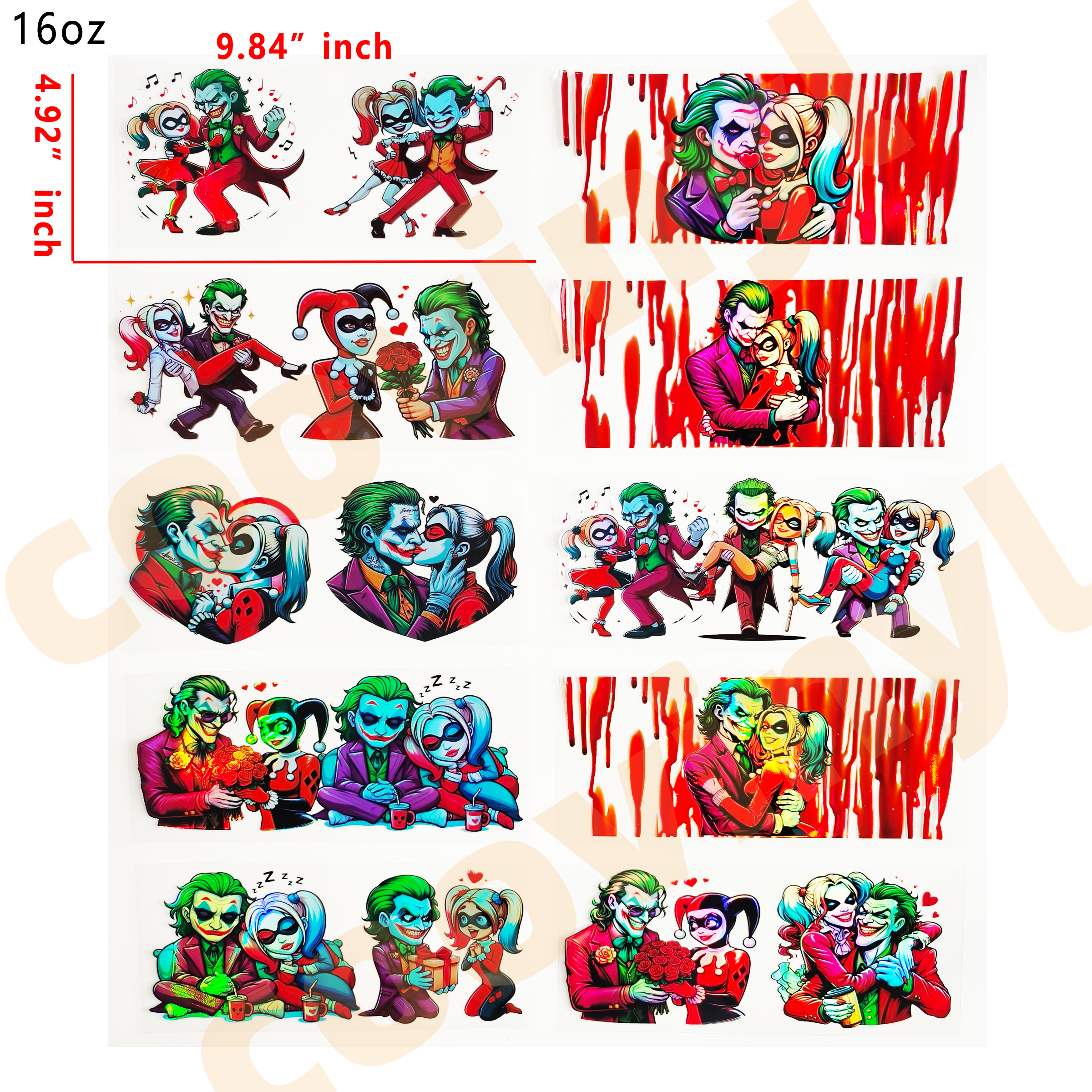 (J68) Holographic 10pcs  harley quinn UV DTF Cup Wraps for 16OZ tumblers Waterproof Acrylic Wraps for Cups Glasses &Smooth Objects Vivid Colors Strong Adhesion CustomizableStickers Decal Sticker Art Crafts Kit