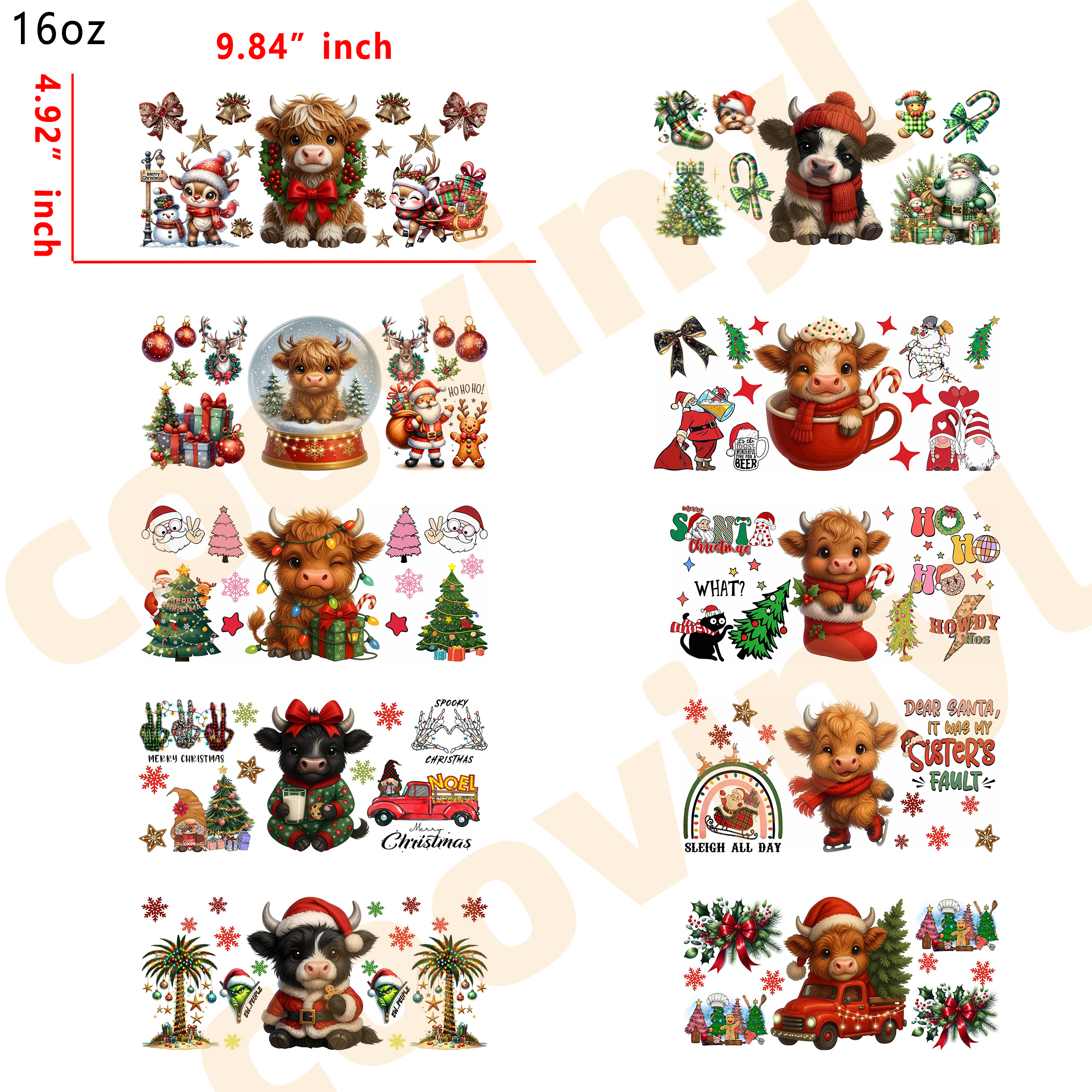 (L46) 10pcs Christmas cow 16OZ Tumbler Cup Wraps, Waterproof Fade-Resistant Decal Stickers, Vivid HD Print with Strong Adhesion, Customizable Transfers for Glass Cups, Mugs & Smooth Surfaces, DIY Art Craft Supplies