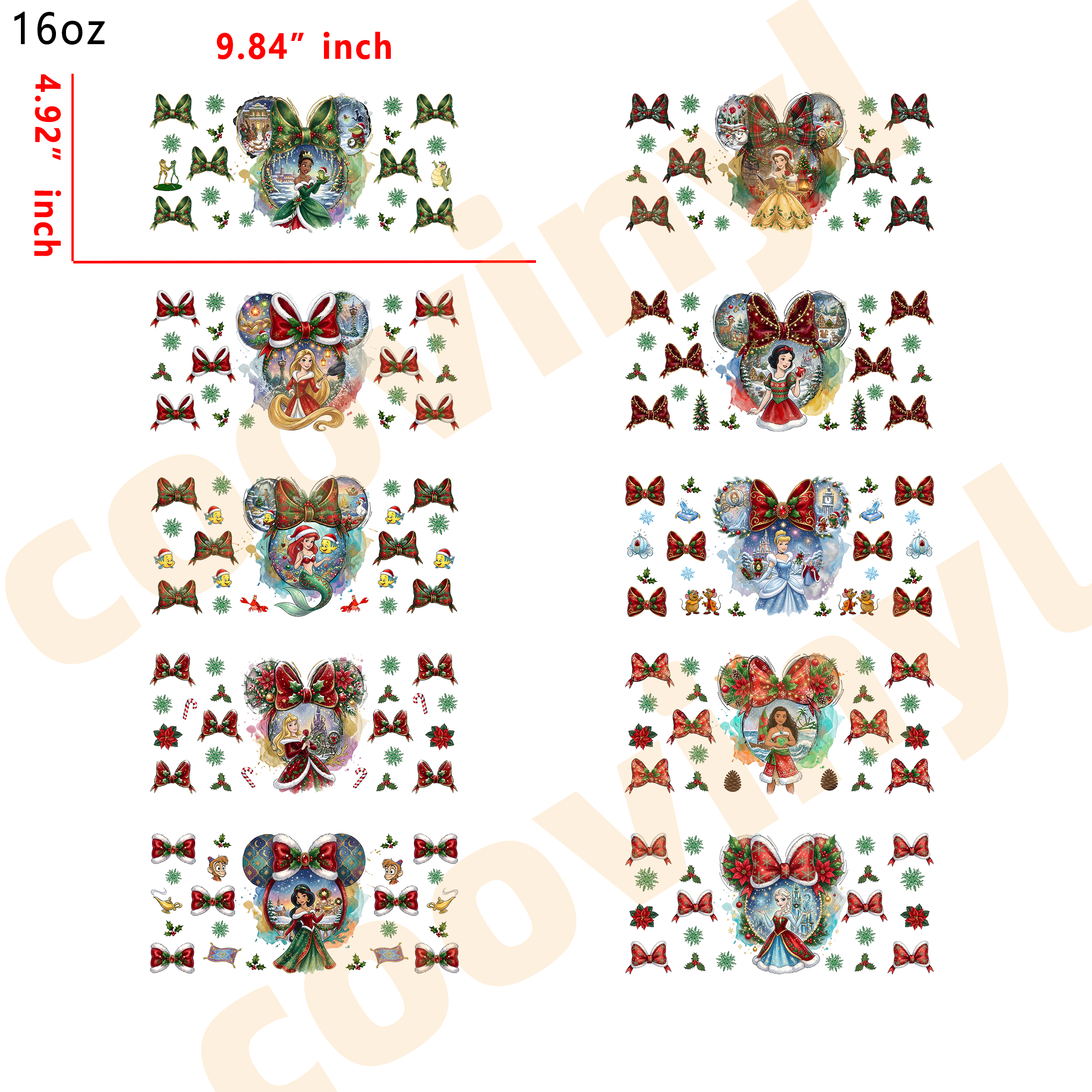 (L57) 10pcs Christmas princess 16OZ Tumbler Cup Wraps, Waterproof Fade-Resistant Decal Stickers, Vivid HD Print with Strong Adhesion, Customizable Transfers for Glass Cups, Mugs & Smooth Surfaces, DIY Art Craft Supplies