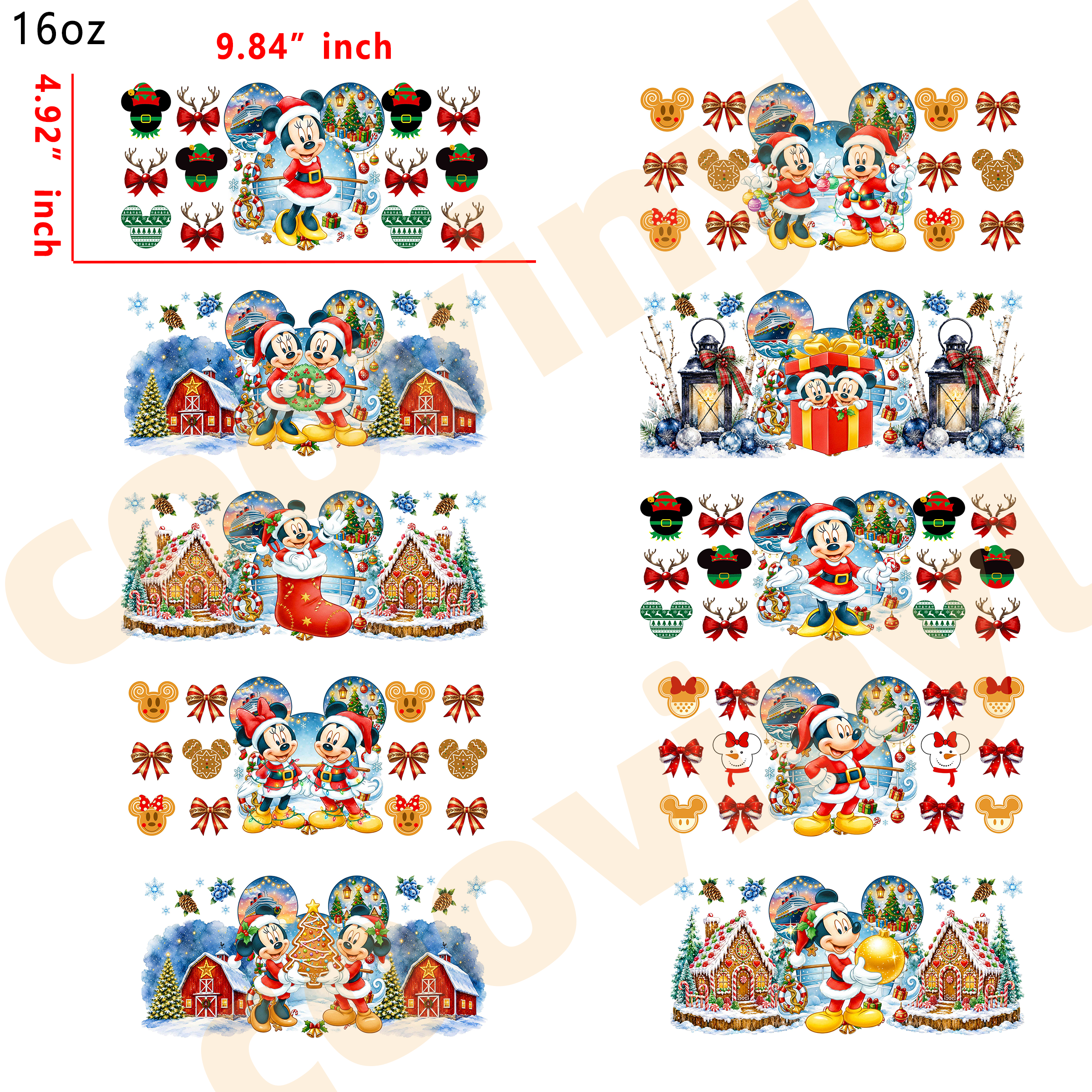 (L58) 10pcs Christmas mickey 16OZ Tumbler Cup Wraps, Waterproof Fade-Resistant Decal Stickers, Vivid HD Print with Strong Adhesion, Customizable Transfers for Glass Cups, Mugs & Smooth Surfaces, DIY Art Craft Supplies