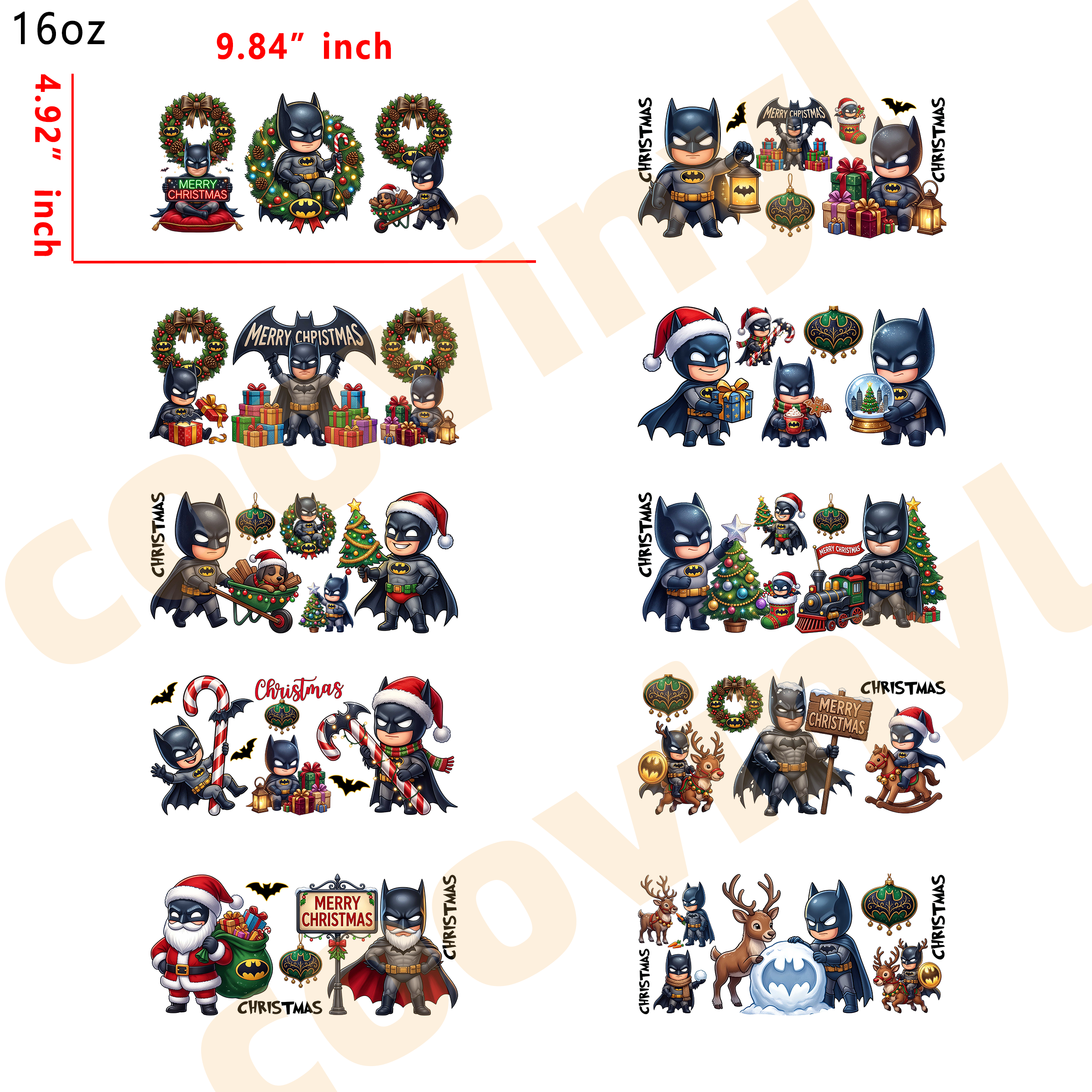 (L66) 10pcs Christmas batman 16OZ Tumbler Cup Wraps, Waterproof Fade-Resistant Decal Stickers, Vivid HD Print with Strong Adhesion, Customizable Transfers for Glass Cups, Mugs & Smooth Surfaces, DIY Art Craft Supplies