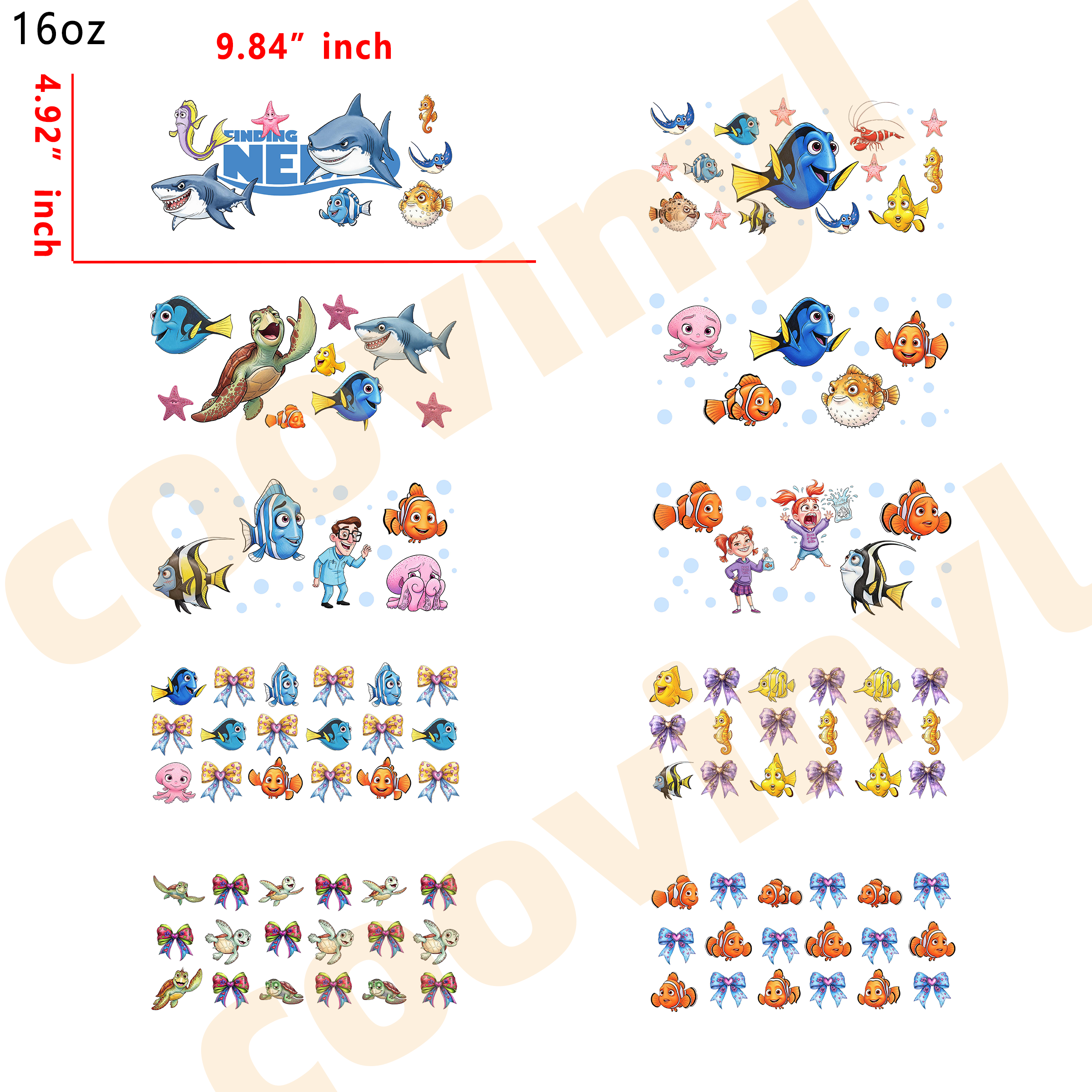 (M17) 10pcs nemo 16OZ Tumbler Cup Wraps, Waterproof Fade-Resistant Decal Stickers, Vivid HD Print with Strong Adhesion, Customizable Transfers for Glass Cups, Mugs & Smooth Surfaces, DIY Art Craft Supplies