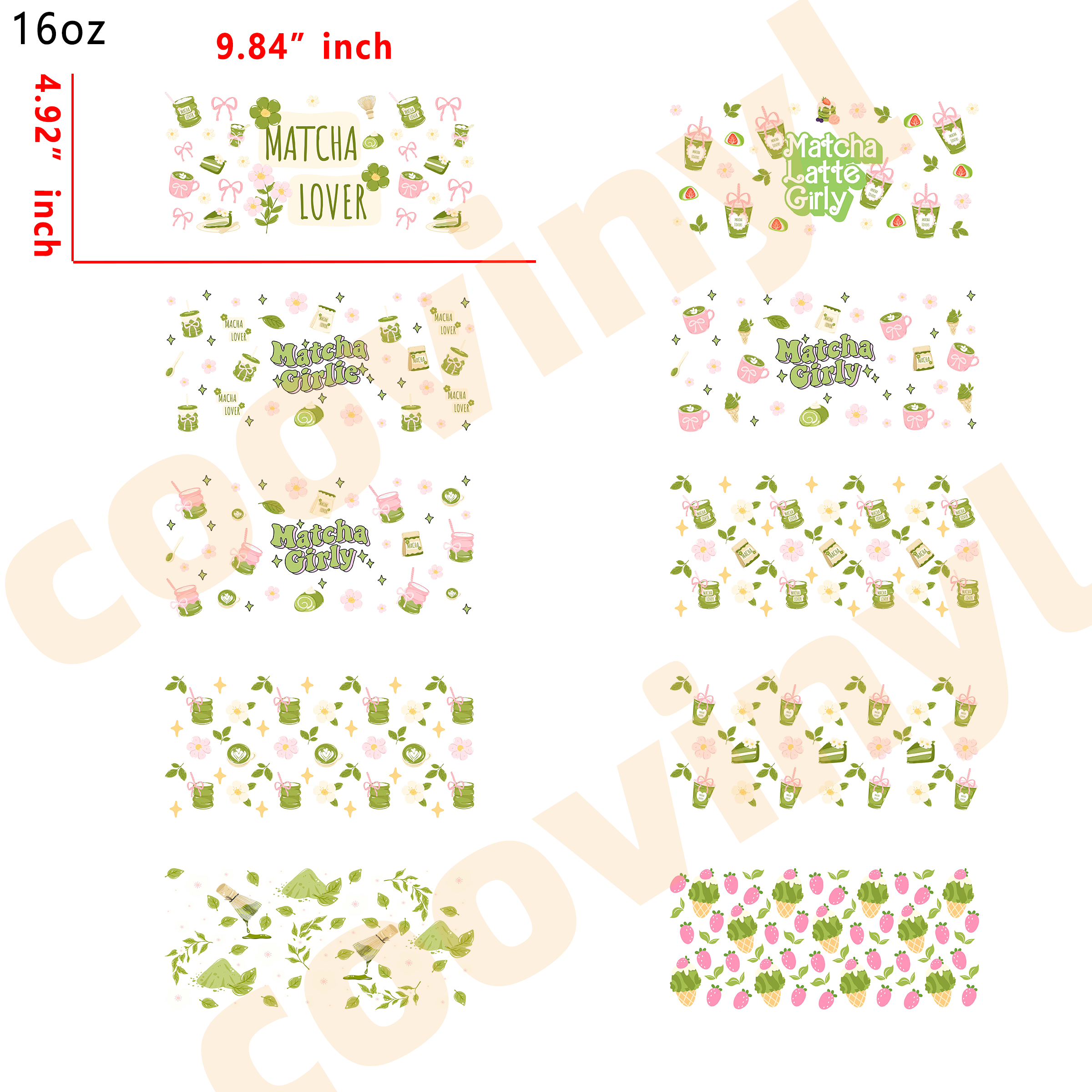 (M41) 10pcs matcha 16OZ Tumbler Cup Wraps, Waterproof Fade-Resistant Decal Stickers, Vivid HD Print with Strong Adhesion, Customizable Transfers for Glass Cups, Mugs & Smooth Surfaces, DIY Art Craft Supplies
