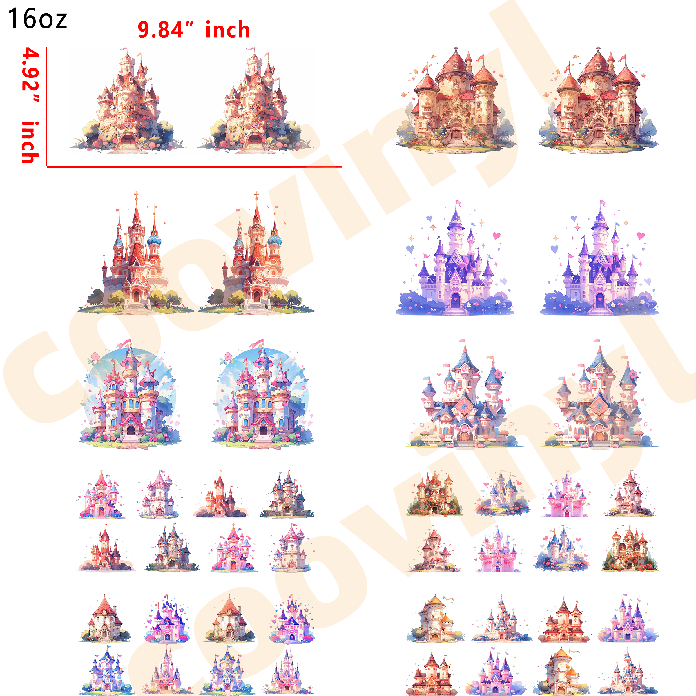 (R10) 10pcs castle 16OZ Tumbler Cup Wraps, Waterproof Fade-Resistant Decal Stickers, Vivid HD Print with Strong Adhesion, Customizable Transfers for Glass Cups, Mugs & Smooth Surfaces, DIY Art Craft Supplies