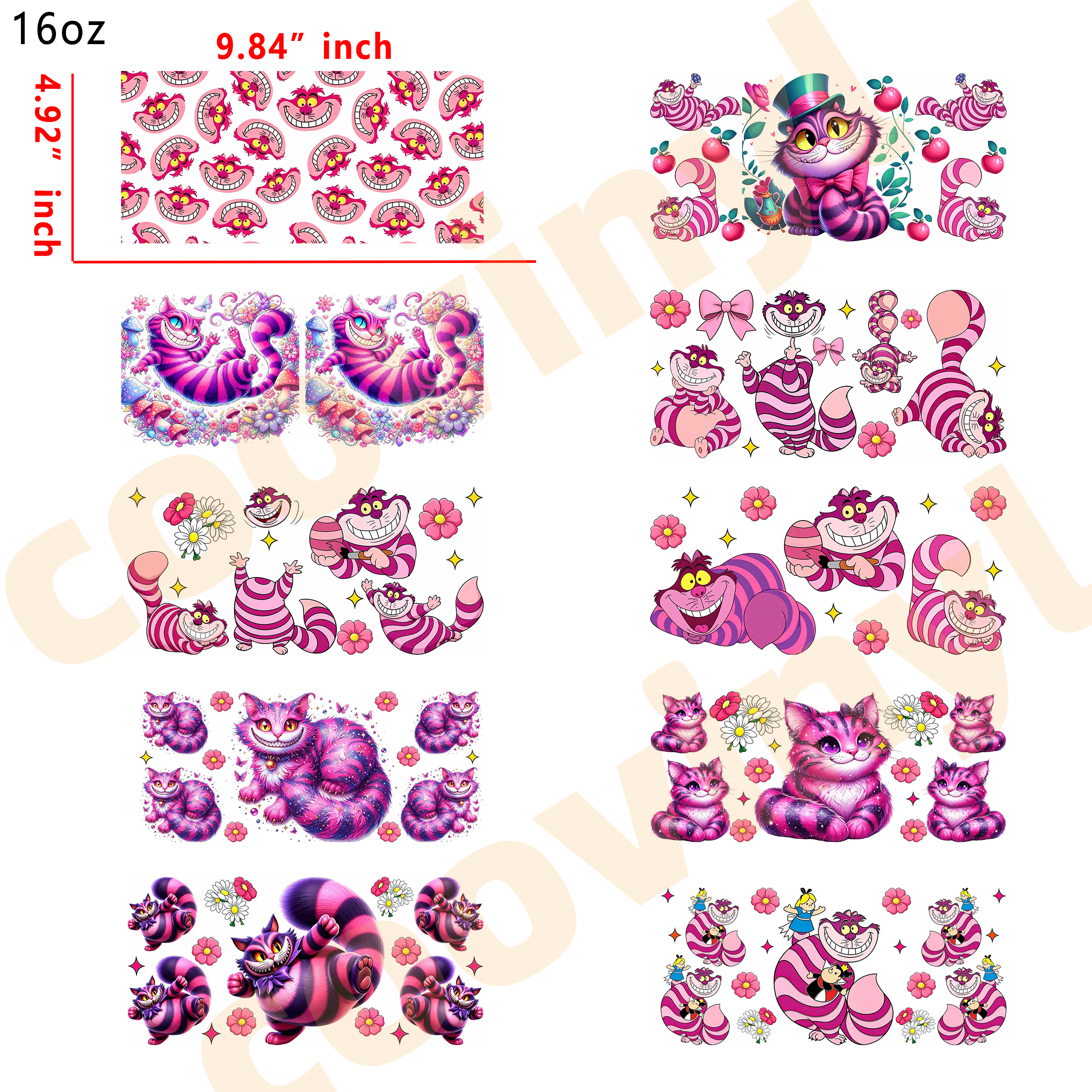 (R12) 10pcs Cheshire Cat 16OZ Tumbler Cup Wraps, Waterproof Fade-Resistant Decal Stickers, Vivid HD Print with Strong Adhesion, Customizable Transfers for Glass Cups, Mugs & Smooth Surfaces, DIY Art Craft Supplies
