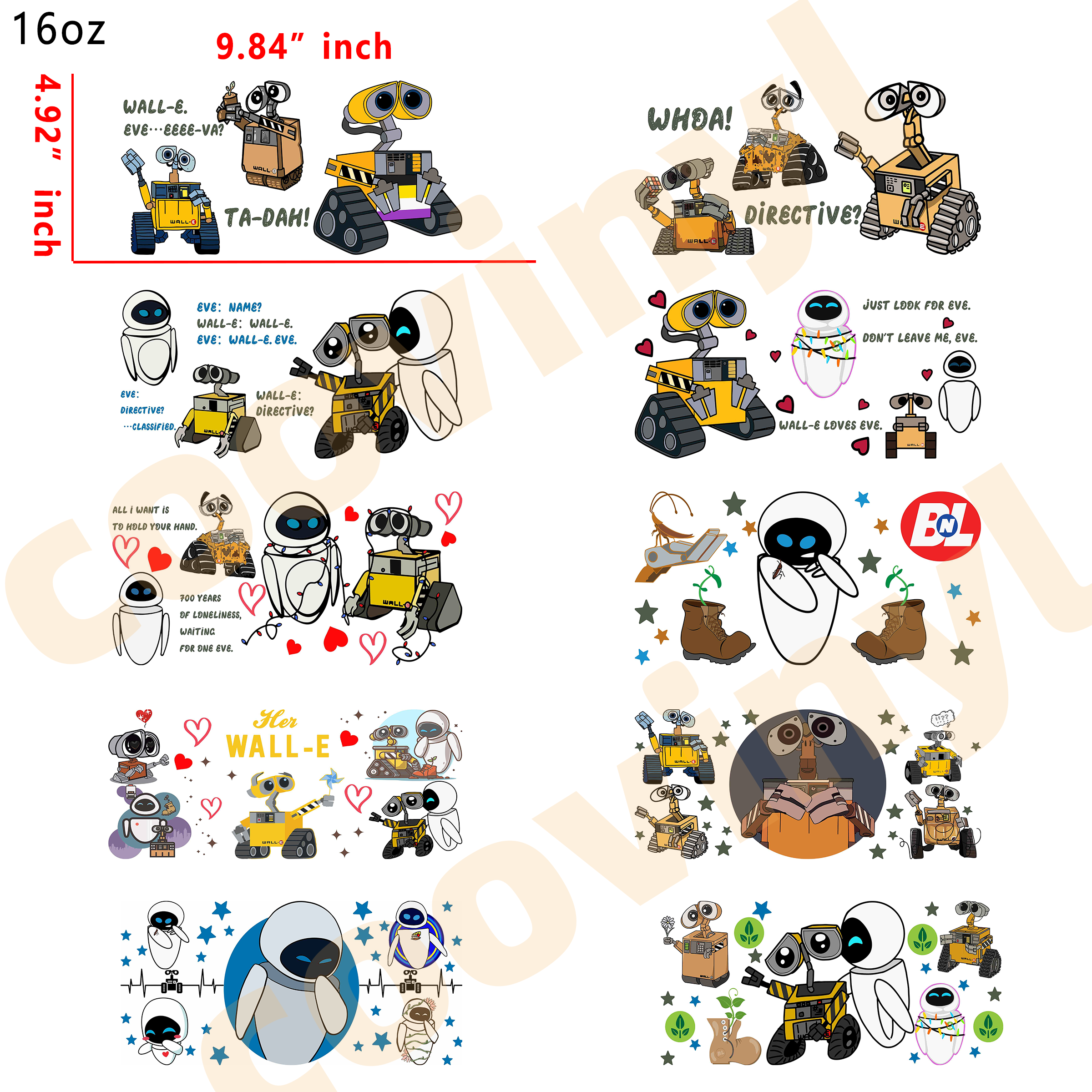 (R13) 10pcs WALL-E 16OZ Tumbler Cup Wraps, Waterproof Fade-Resistant Decal Stickers, Vivid HD Print with Strong Adhesion, Customizable Transfers for Glass Cups, Mugs & Smooth Surfaces, DIY Art Craft Supplies
