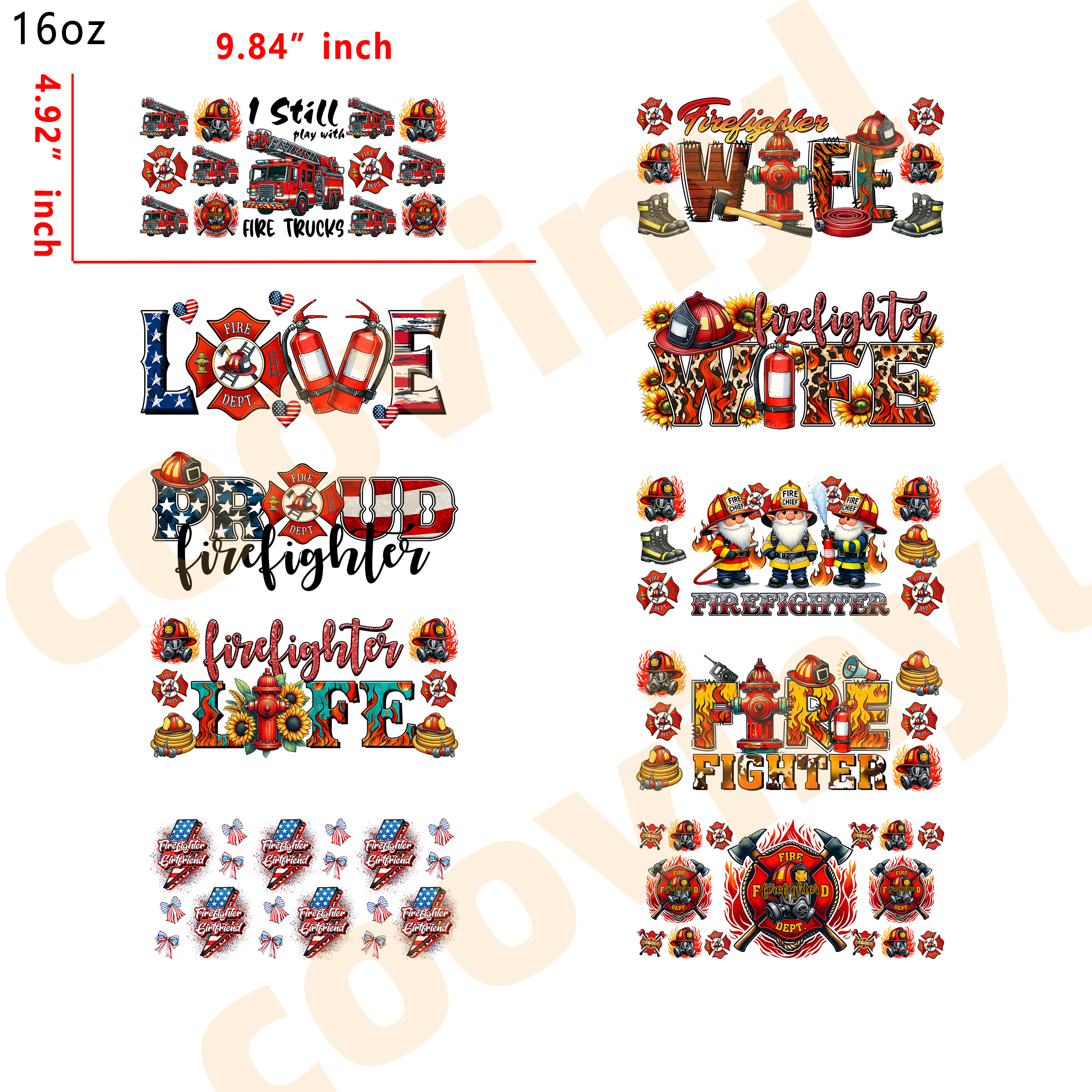 (R6) 10pcs firefighter 16OZ Tumbler Cup Wraps, Waterproof Fade-Resistant Decal Stickers, Vivid HD Print with Strong Adhesion, Customizable Transfers for Glass Cups, Mugs & Smooth Surfaces, DIY Art Craft Supplies