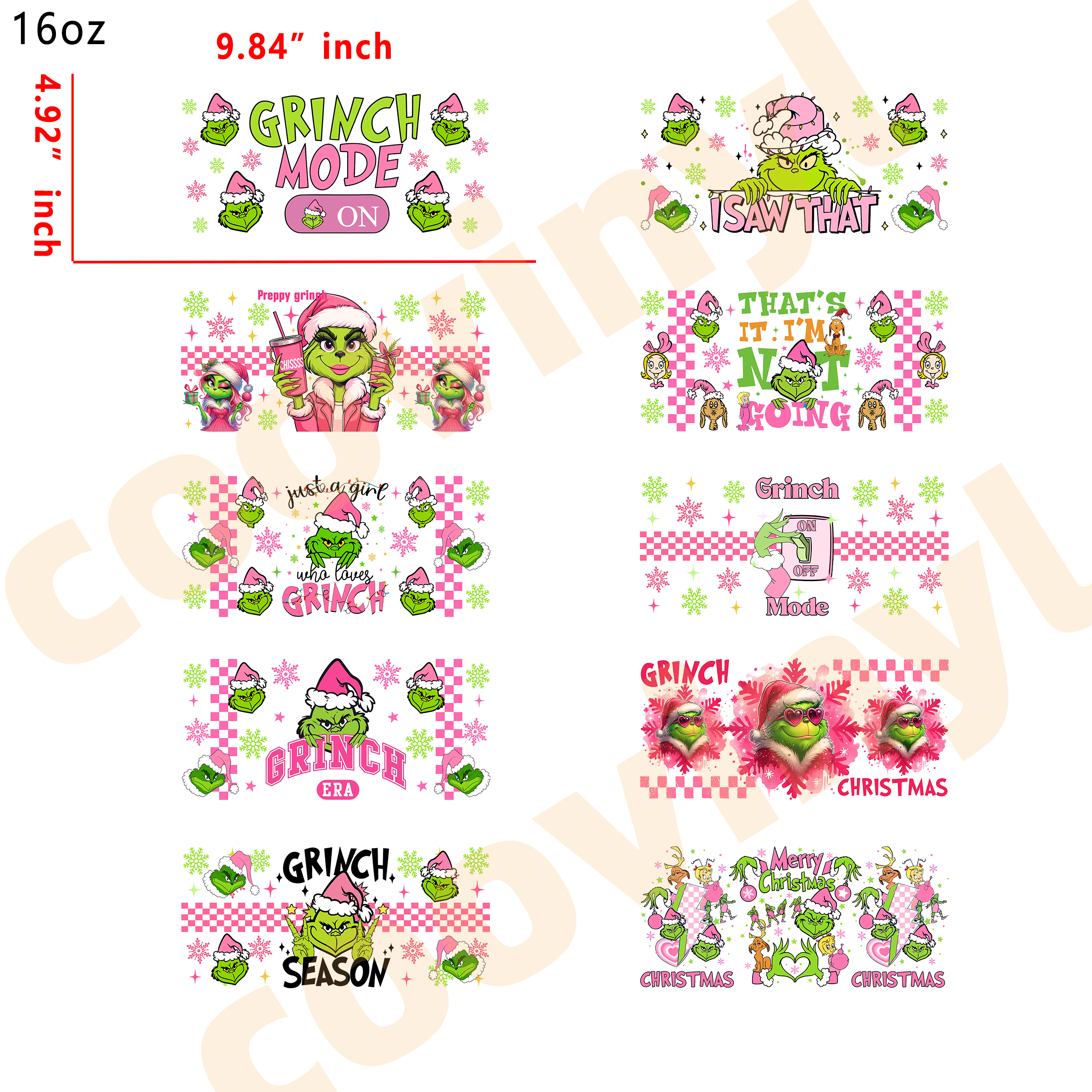 (T61) 20pcs grinch  16OZ Tumbler Cup Wraps, Waterproof Fade-Resistant Decal Stickers, Vivid HD Print with Strong Adhesion, Customizable Transfers for Glass Cups, Mugs & Smooth Surfaces, DIY Art Craft Supplies