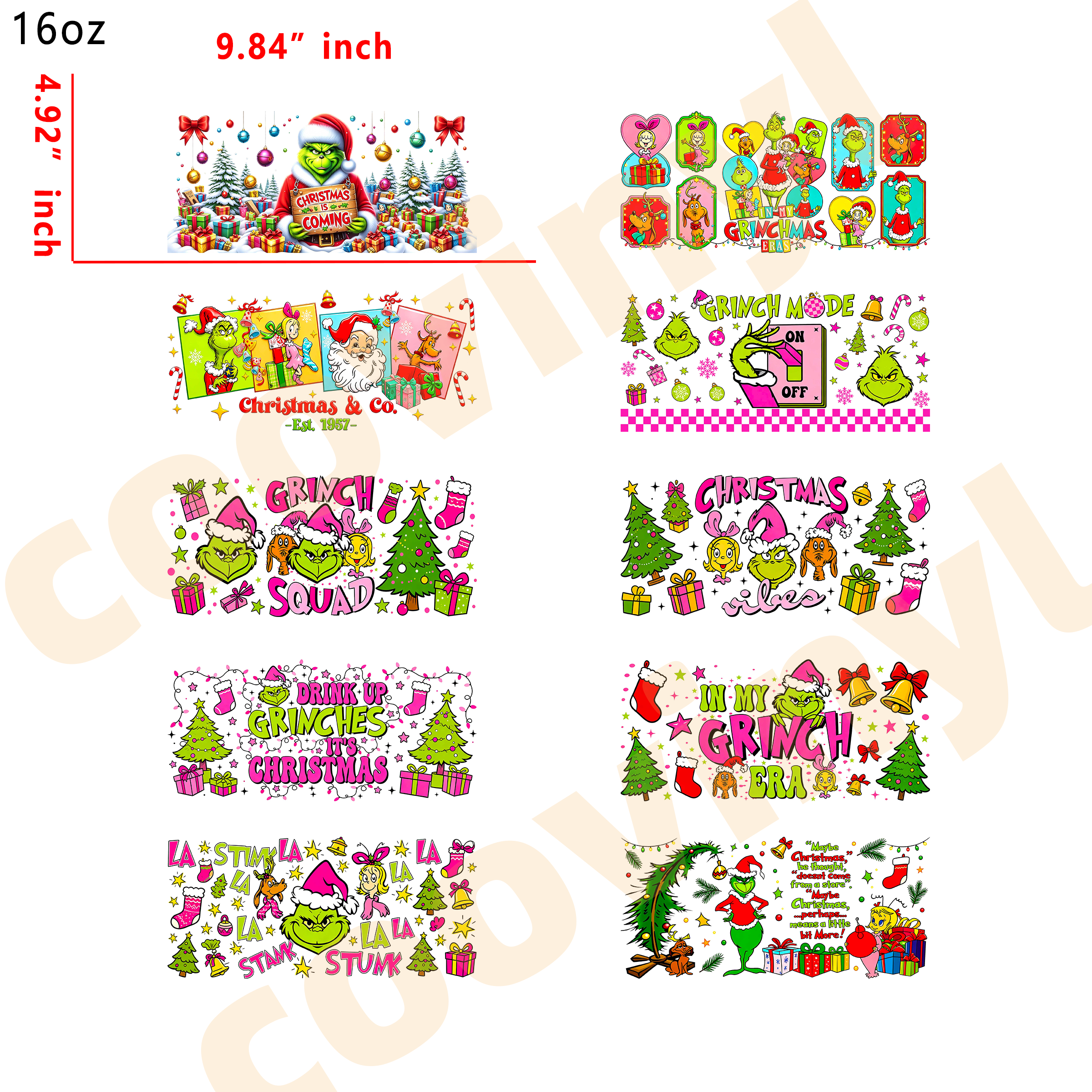 (T61) 20pcs grinch  16OZ Tumbler Cup Wraps, Waterproof Fade-Resistant Decal Stickers, Vivid HD Print with Strong Adhesion, Customizable Transfers for Glass Cups, Mugs & Smooth Surfaces, DIY Art Craft Supplies