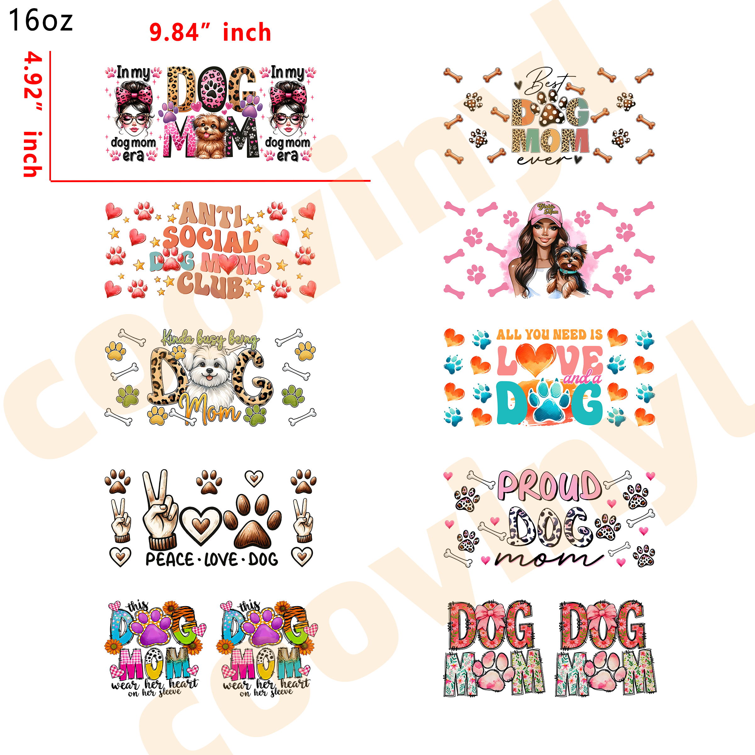 (X46) 20pcs dog mom 16OZ Tumbler Cup Wraps, Waterproof Fade-Resistant Decal Stickers, Vivid HD Print with Strong Adhesion, Customizable Transfers for Glass Cups, Mugs & Smooth Surfaces, DIY Art Craft Supplies