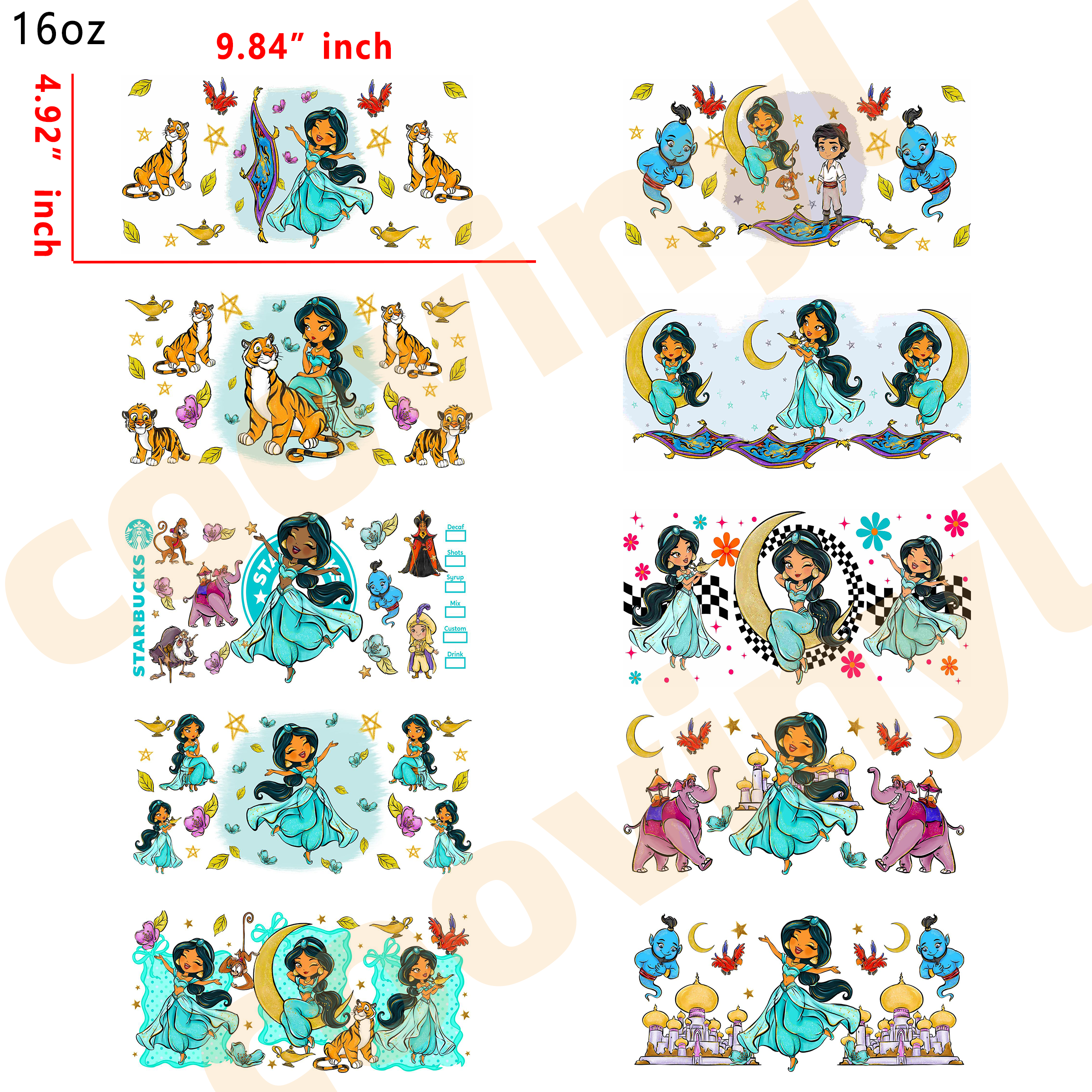 (K66) 10pcs jasmin 16OZ Tumbler Cup Wraps, Waterproof Fade-Resistant Decal Stickers, Vivid HD Print with Strong Adhesion, Customizable Transfers for Glass Cups, Mugs & Smooth Surfaces, DIY Art Craft Supplies