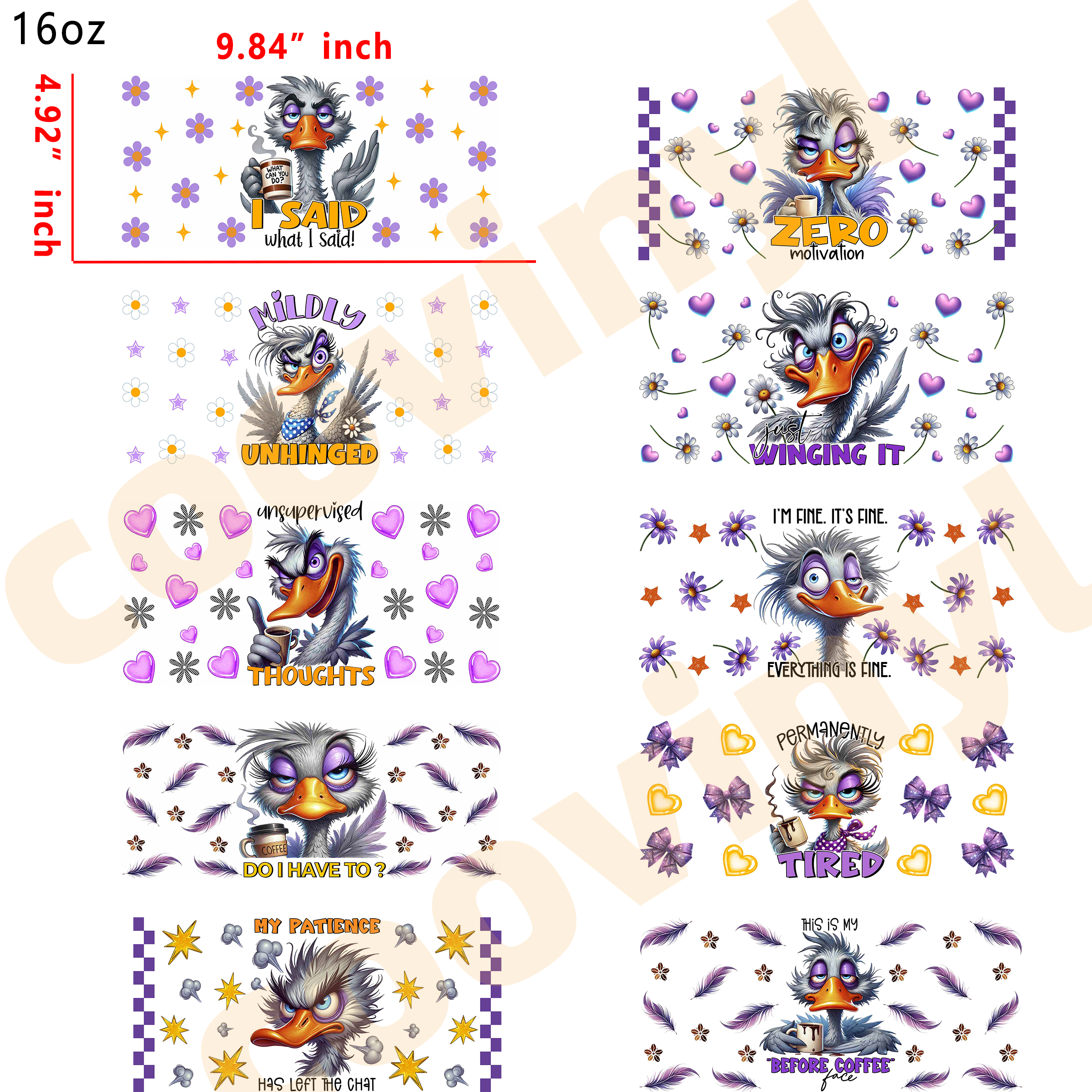 (K67) 10pcs sarcastic goose 16OZ Tumbler Cup Wraps, Waterproof Fade-Resistant Decal Stickers, Vivid HD Print with Strong Adhesion, Customizable Transfers for Glass Cups, Mugs & Smooth Surfaces, DIY Art Craft Supplies