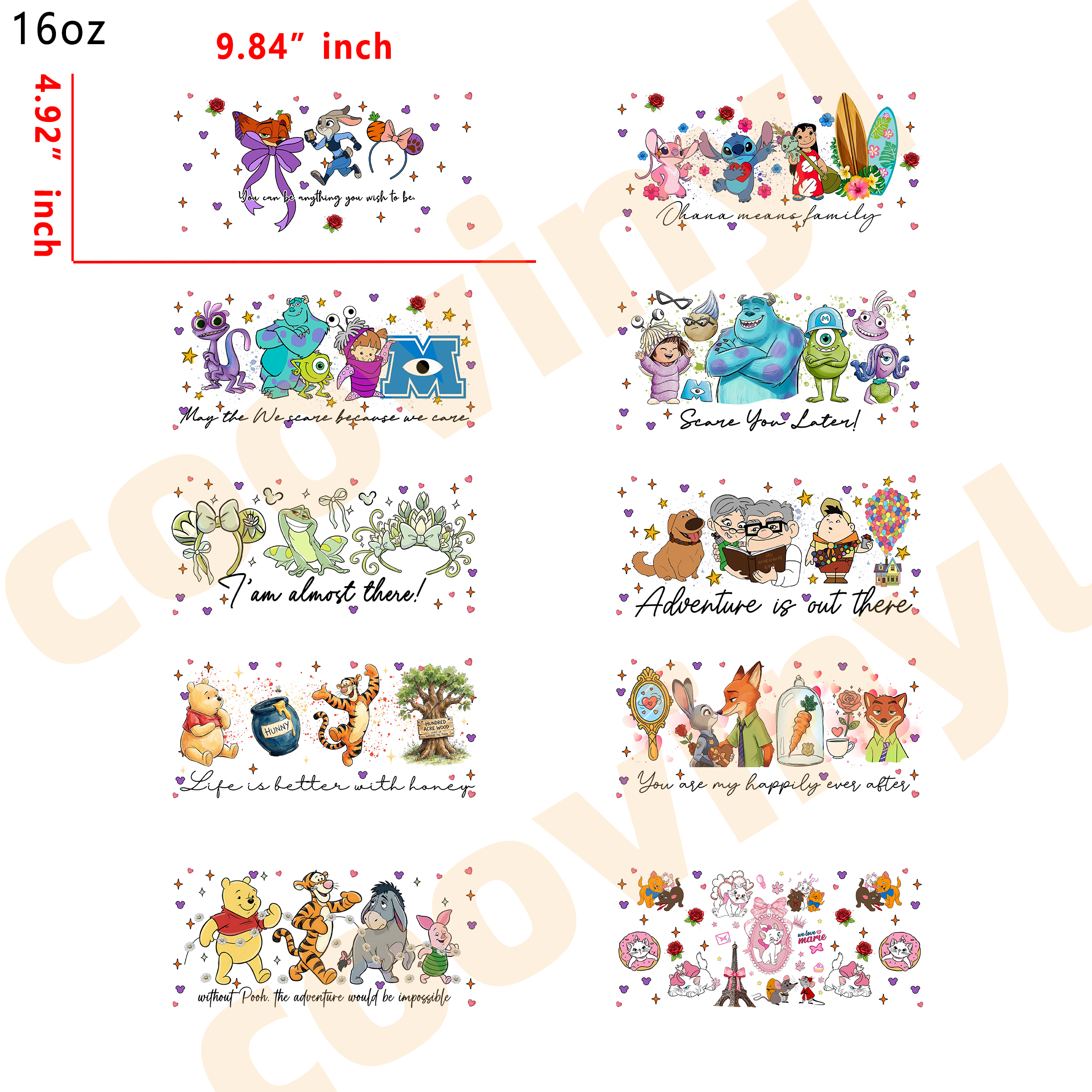 (K70) 10pcs cartoon mix 16OZ Tumbler Cup Wraps, Waterproof Fade-Resistant Decal Stickers, Vivid HD Print with Strong Adhesion, Customizable Transfers for Glass Cups, Mugs & Smooth Surfaces, DIY Art Craft Supplies