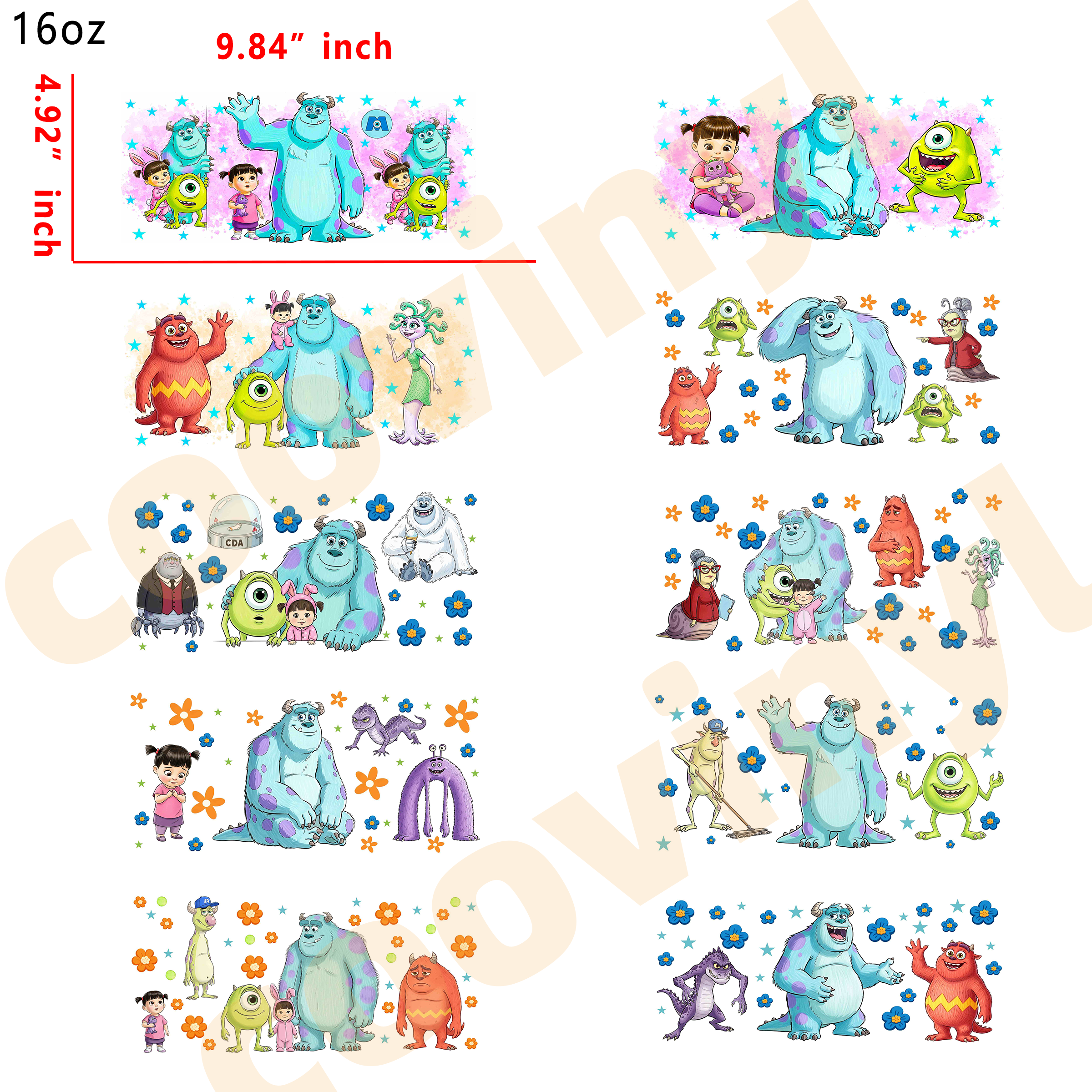 (K91) 10pcs cartoon mix 16OZ Tumbler Cup Wraps, Waterproof Fade-Resistant Decal Stickers, Vivid HD Print with Strong Adhesion, Customizable Transfers for Glass Cups, Mugs & Smooth Surfaces, DIY Art Craft Supplies