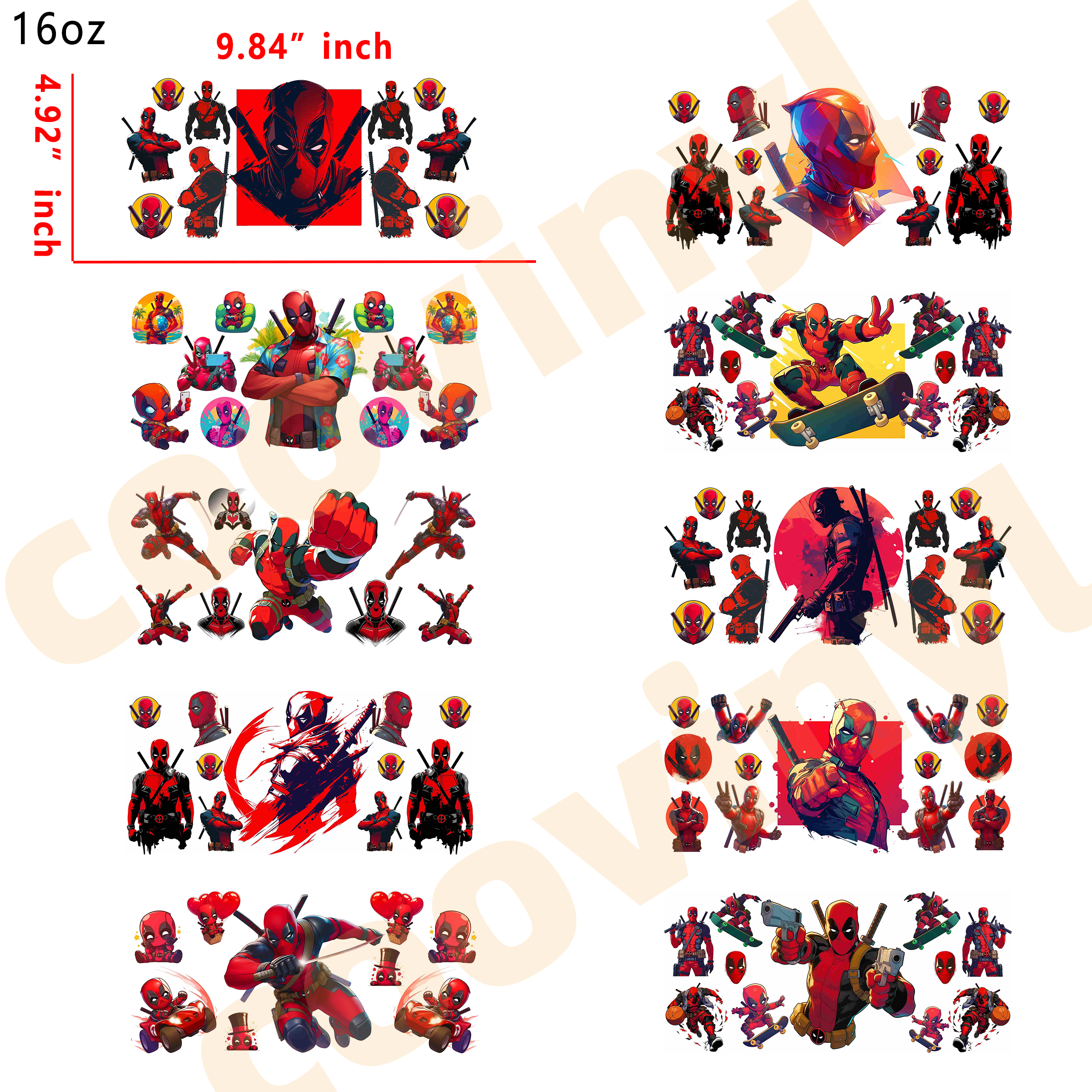 (L10) 10pcs Deadpool 16OZ Tumbler Cup Wraps, Waterproof Fade-Resistant Decal Stickers, Vivid HD Print with Strong Adhesion, Customizable Transfers for Glass Cups, Mugs & Smooth Surfaces, DIY Art Craft Supplies
