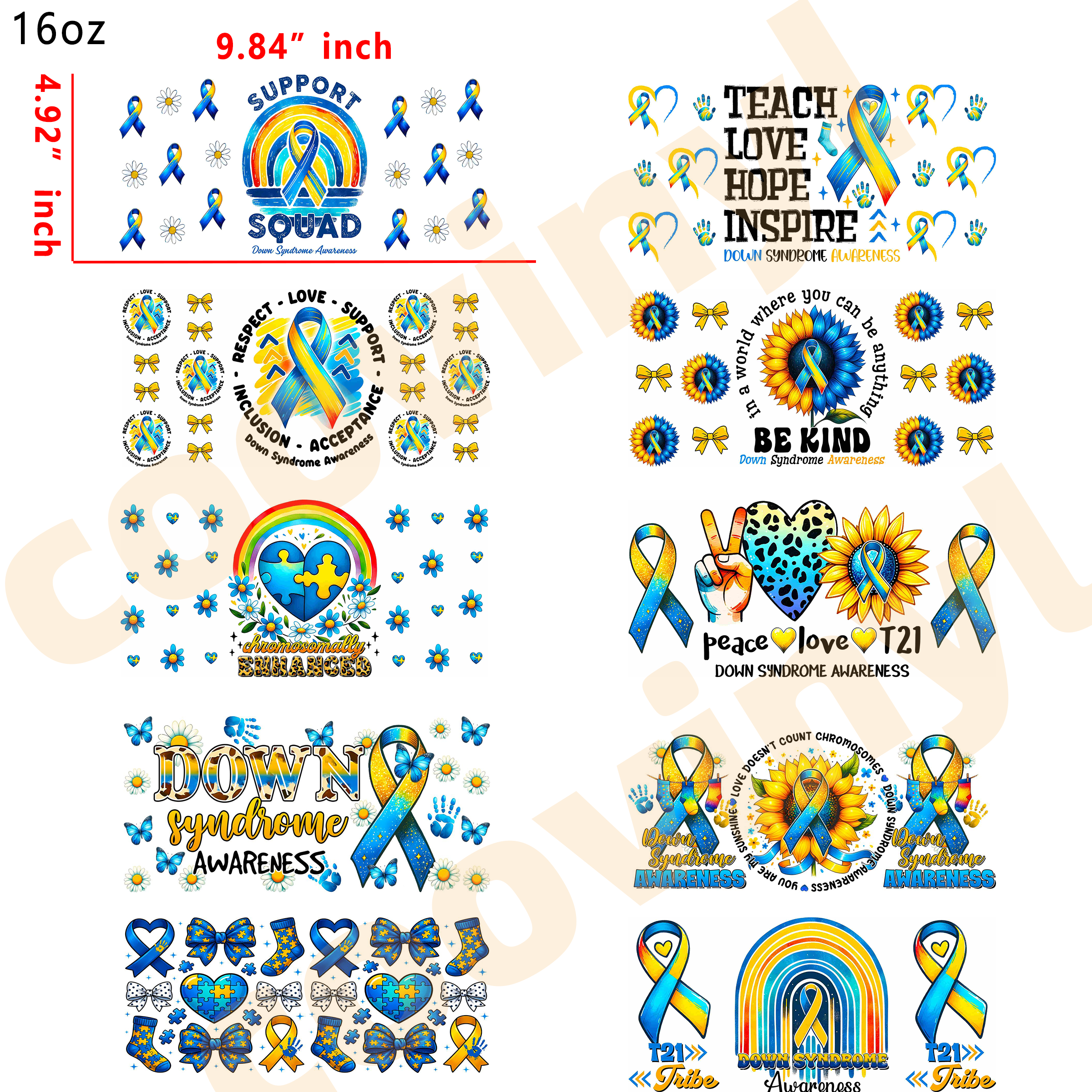 (L37) 10pcs Down syndrome 16OZ Tumbler Cup Wraps, Waterproof Fade-Resistant Decal Stickers, Vivid HD Print with Strong Adhesion, Customizable Transfers for Glass Cups, Mugs & Smooth Surfaces, DIY Art Craft Supplies