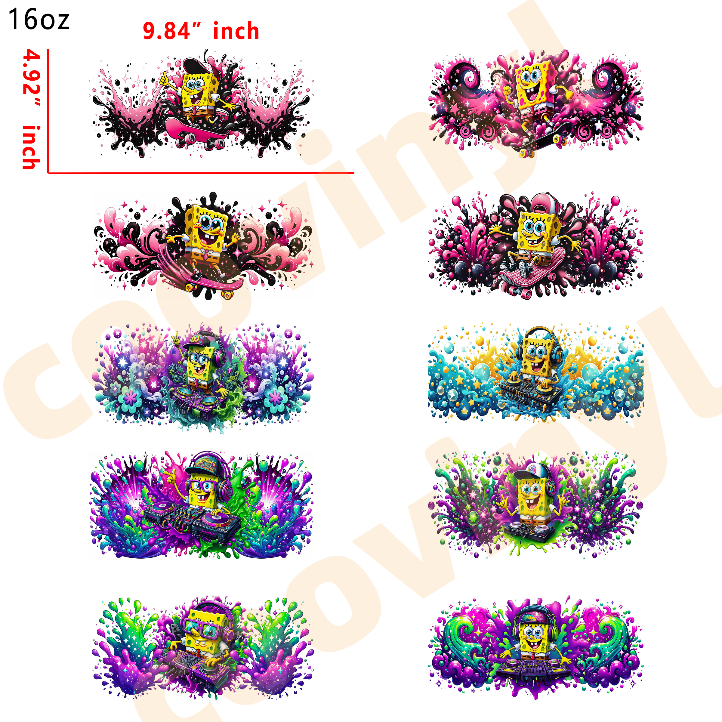 (L4) 10pcs sponge bob 16OZ Tumbler Cup Wraps, Waterproof Fade-Resistant Decal Stickers, Vivid HD Print with Strong Adhesion, Customizable Transfers for Glass Cups, Mugs & Smooth Surfaces, DIY Art Craft Supplies