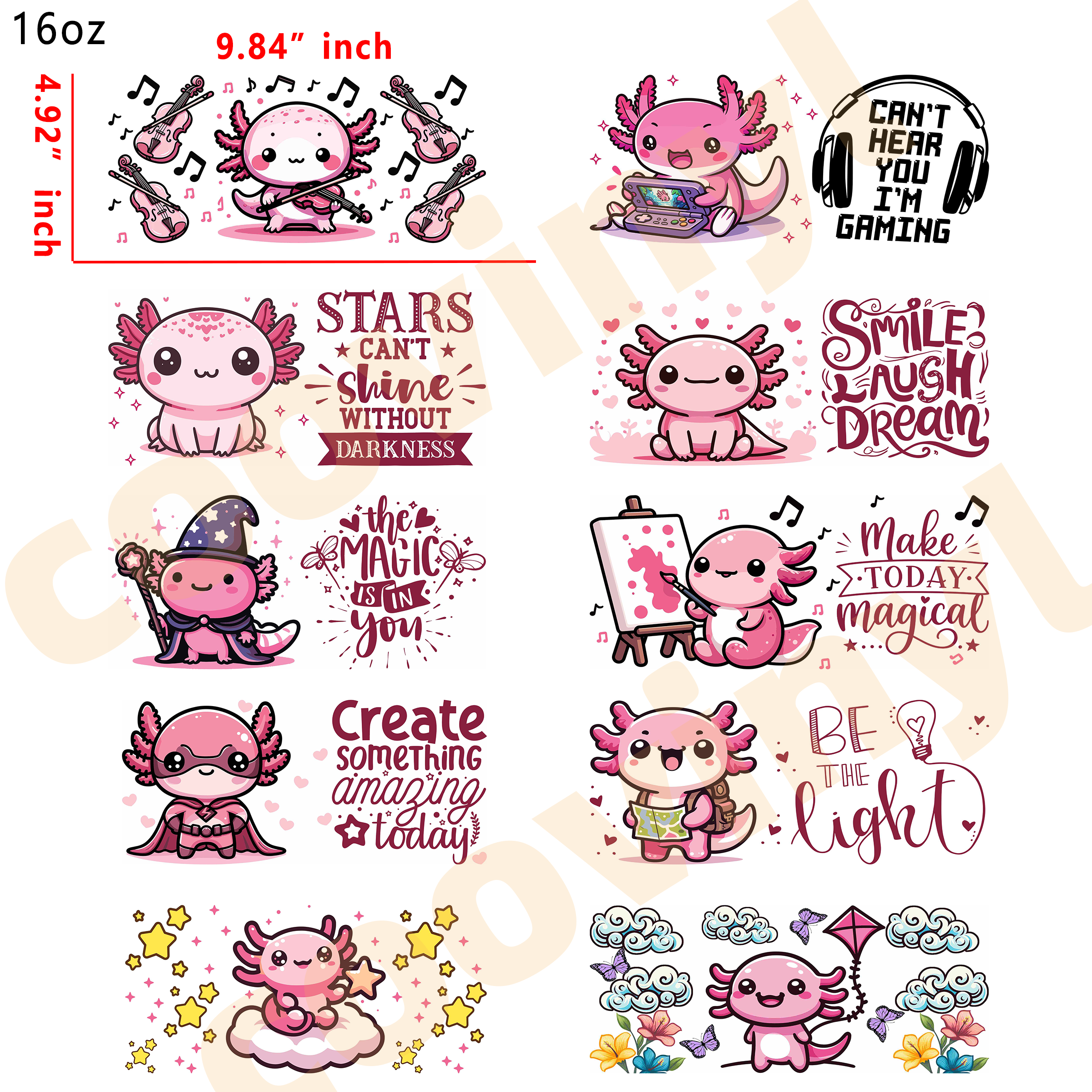 (L90) 10pcs axolotl 16OZ Tumbler Cup Wraps, Waterproof Fade-Resistant Decal Stickers, Vivid HD Print with Strong Adhesion, Customizable Transfers for Glass Cups, Mugs & Smooth Surfaces, DIY Art Craft Supplies